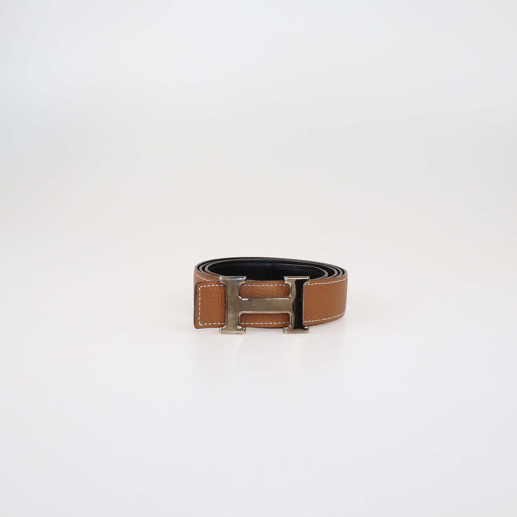 Hermes Black/Gold Box Calf & Togo Leather Reversible H Buckle Belt