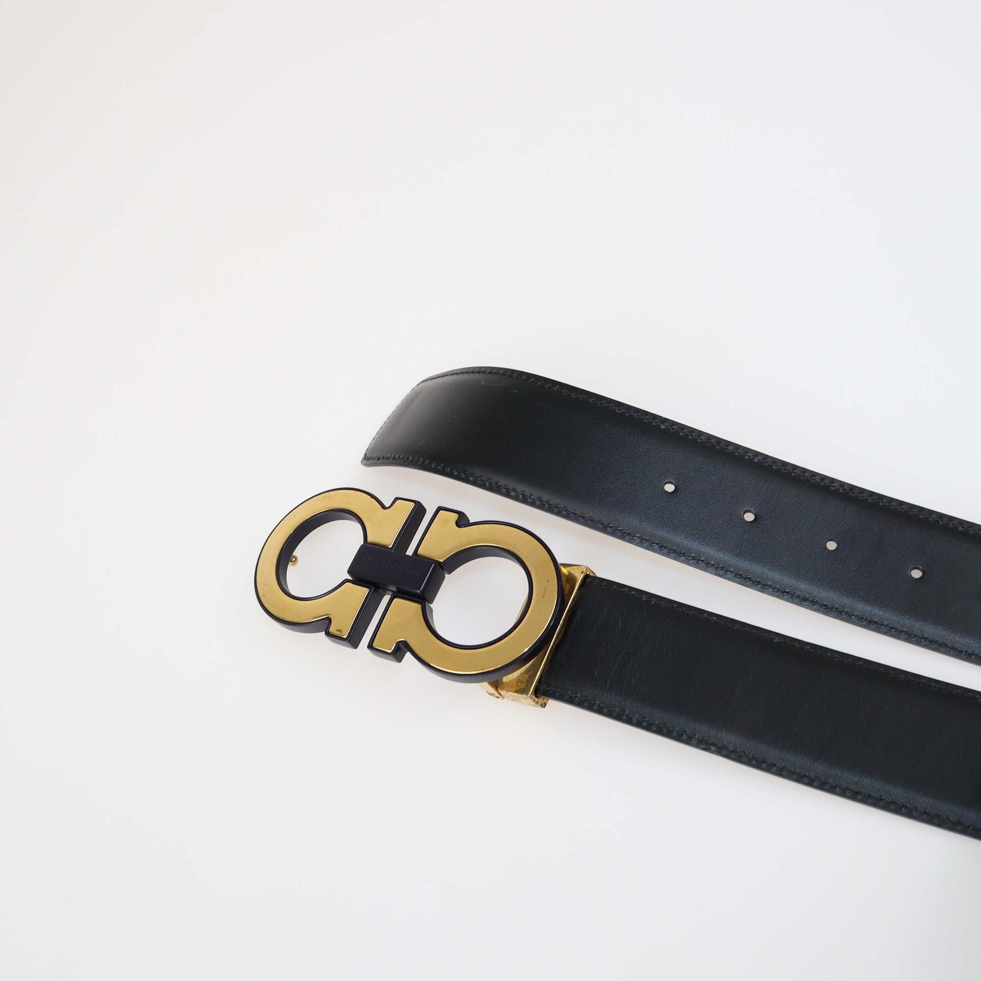 Salvatore Ferragamo Black Leather Wide Gancini Buckle Belt