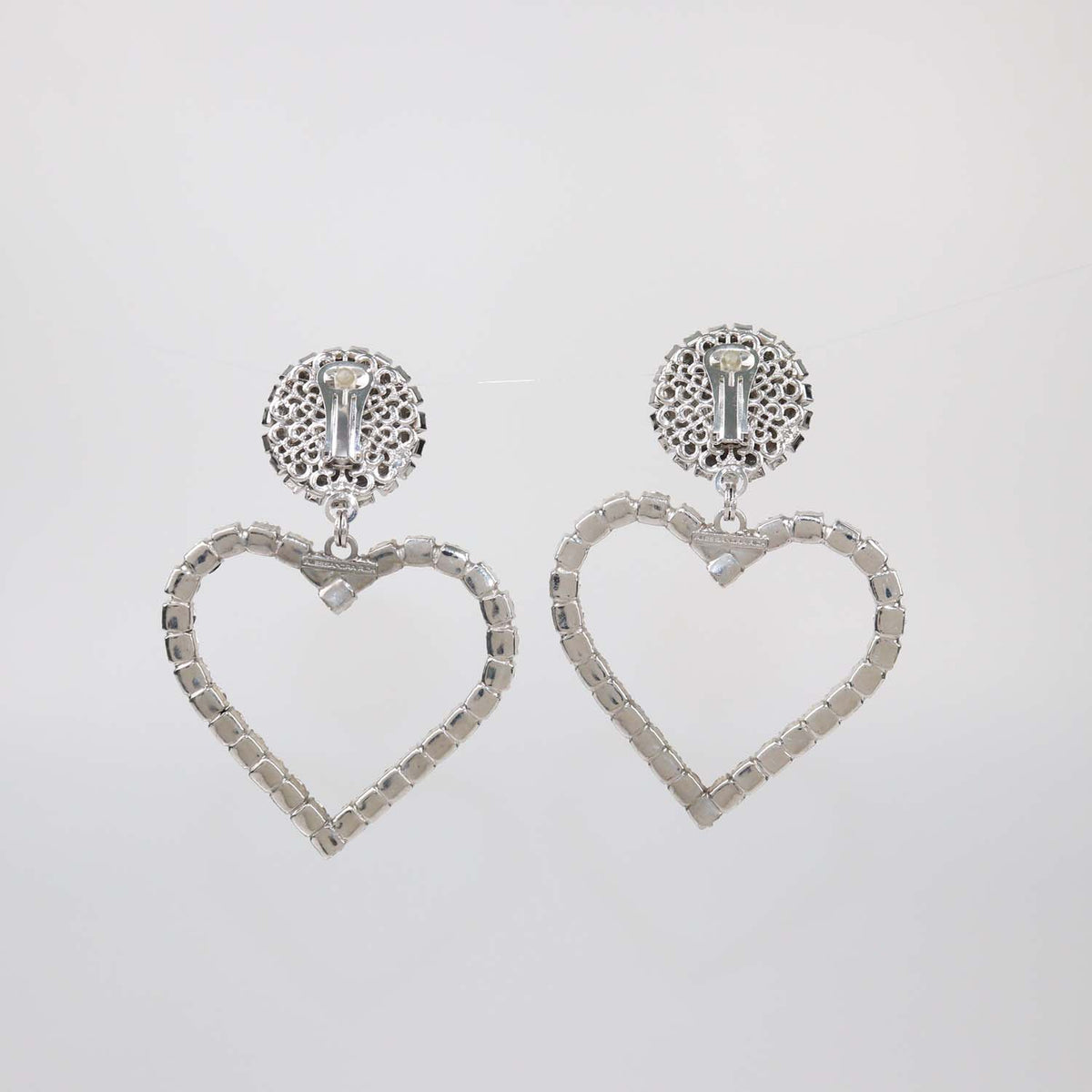 Alessandra Rich Silver Tone Crystal Heart Drop Clip Earrings