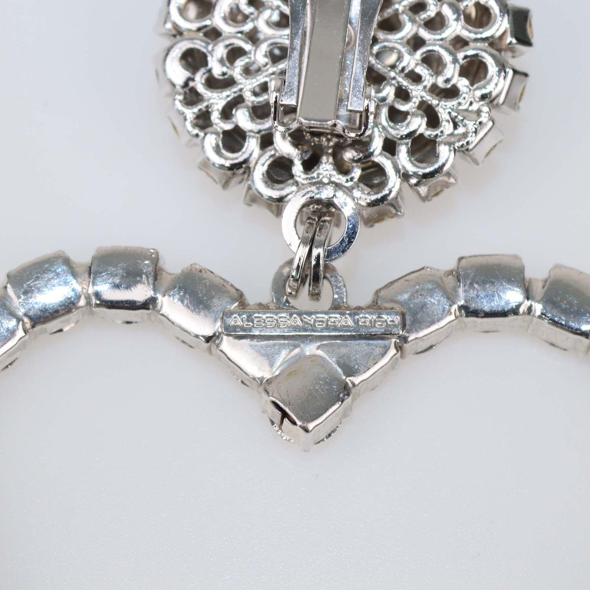Alessandra Rich Silver Tone Crystal Heart Drop Clip Earrings