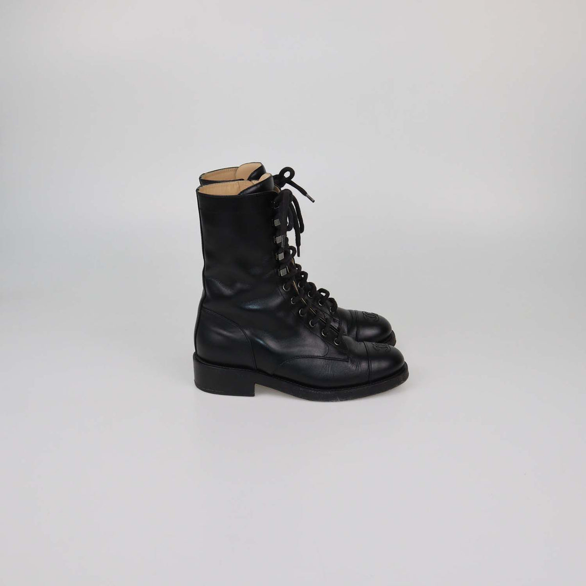 Chanel Black Leather CC Cap Toe Combat Boots