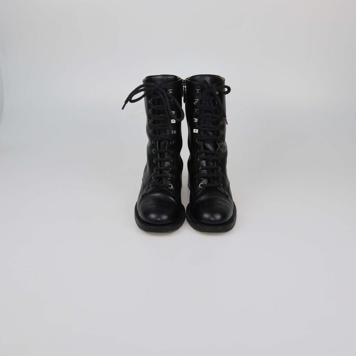 Chanel Black Leather CC Cap Toe Combat Boots