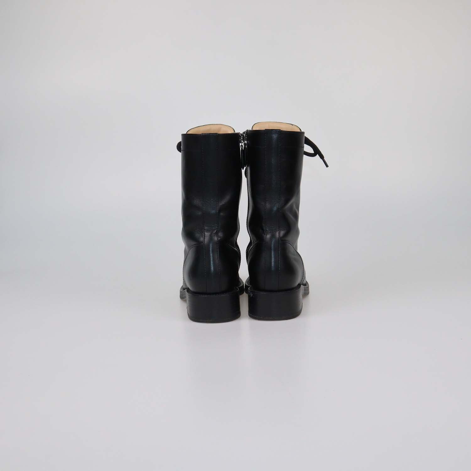 Chanel Black Leather CC Cap Toe Combat Boots