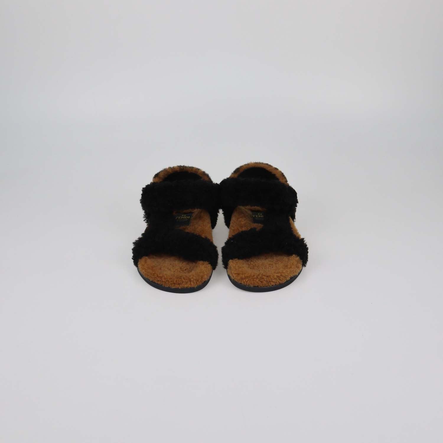 Fendi Black/Broan Shearling Ankle Strap Flat Sandals