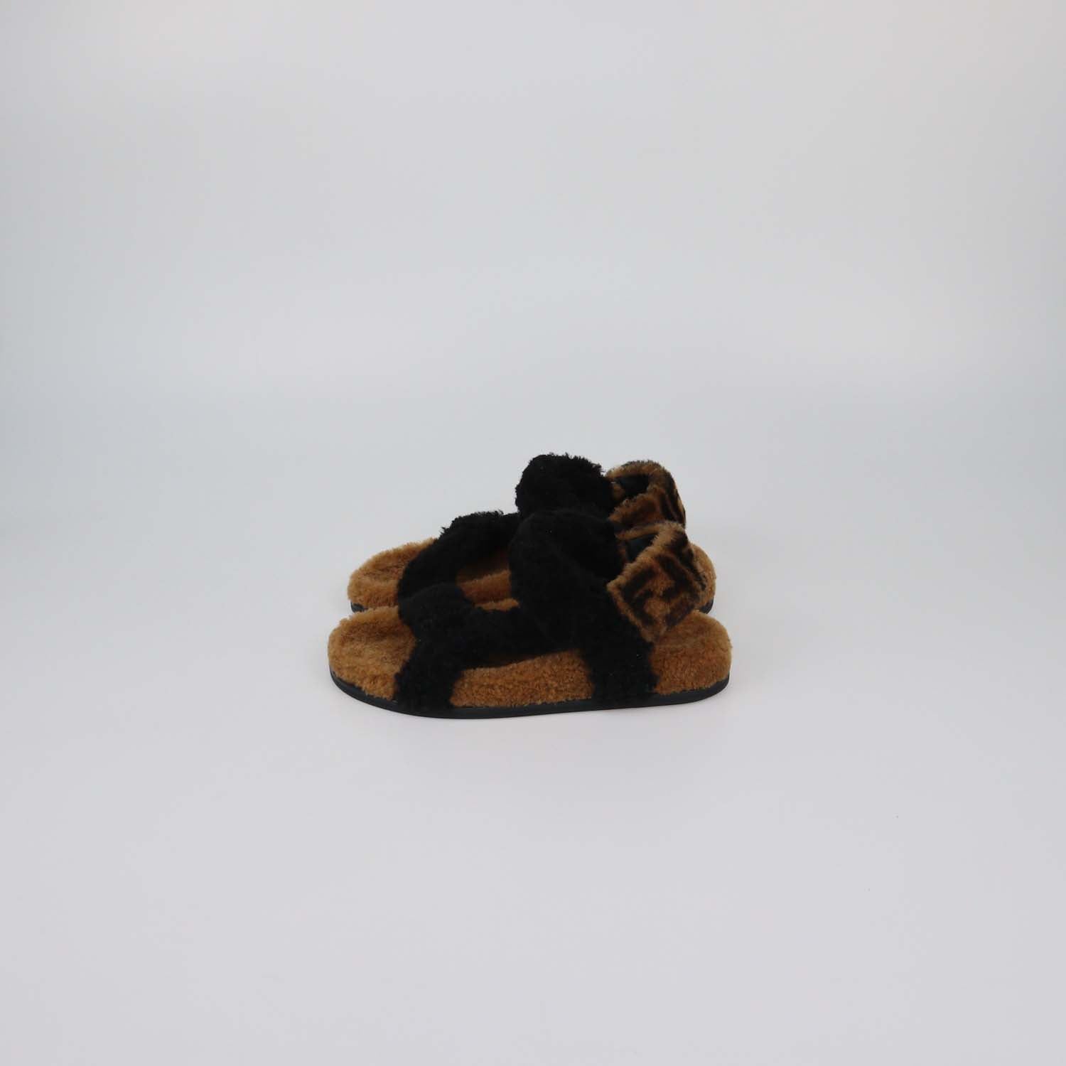 Fendi Black/Broan Shearling Ankle Strap Flat Sandals