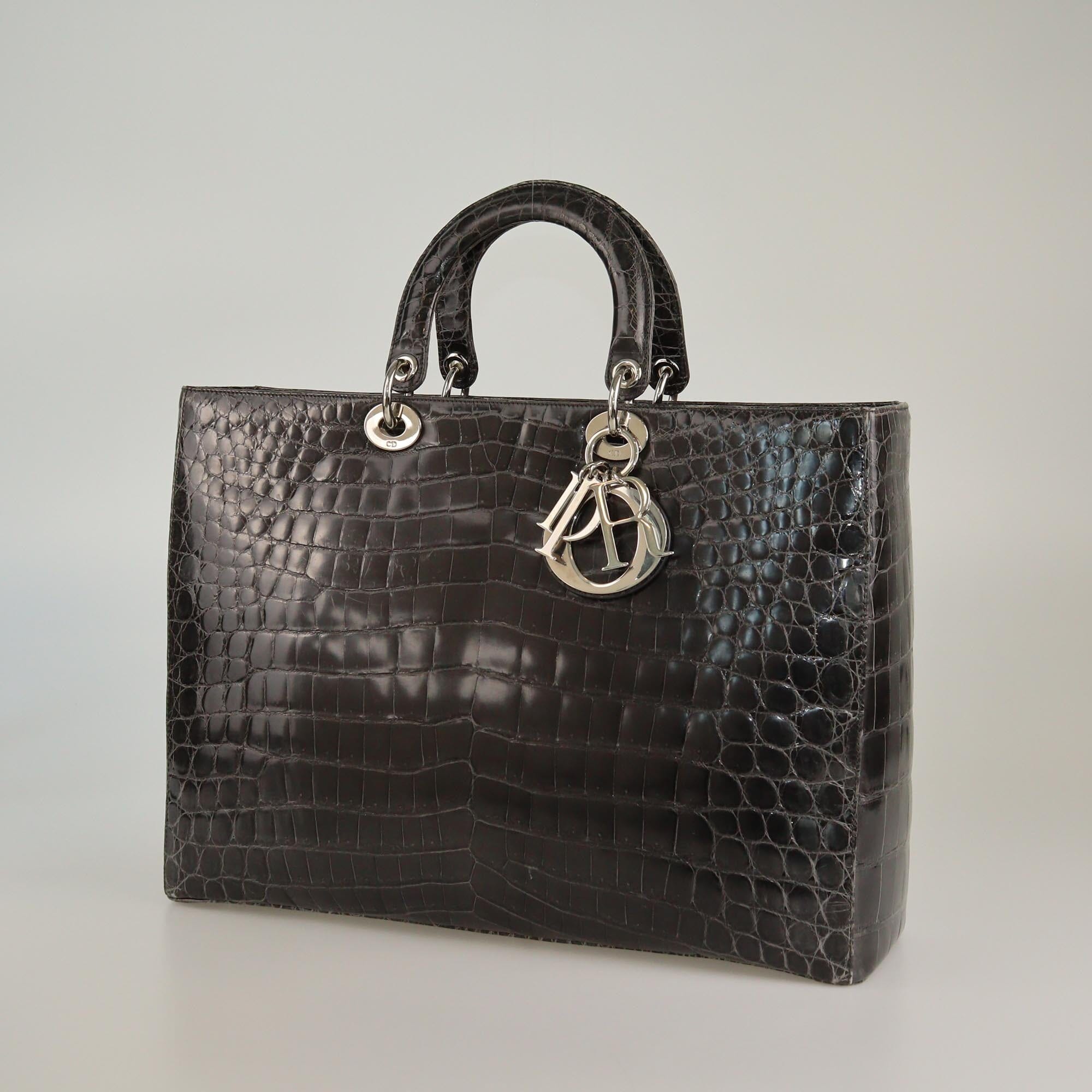 Christian Dior Dark Grey Crocodile XL Lady Dior Tote Womens Christian Dior