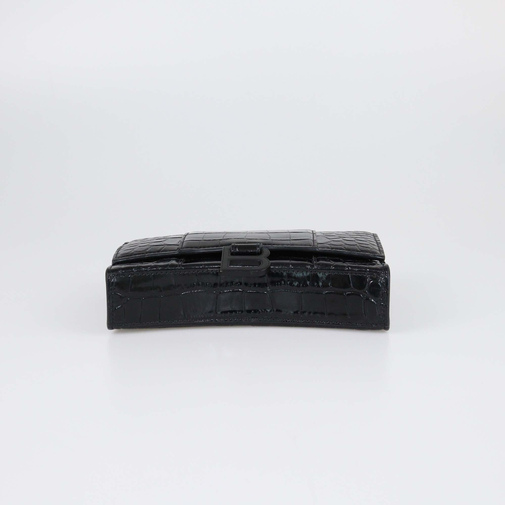 Balenciaga Black Croc Embossed Hourglass Wallet On Chain Womens Balenciaga