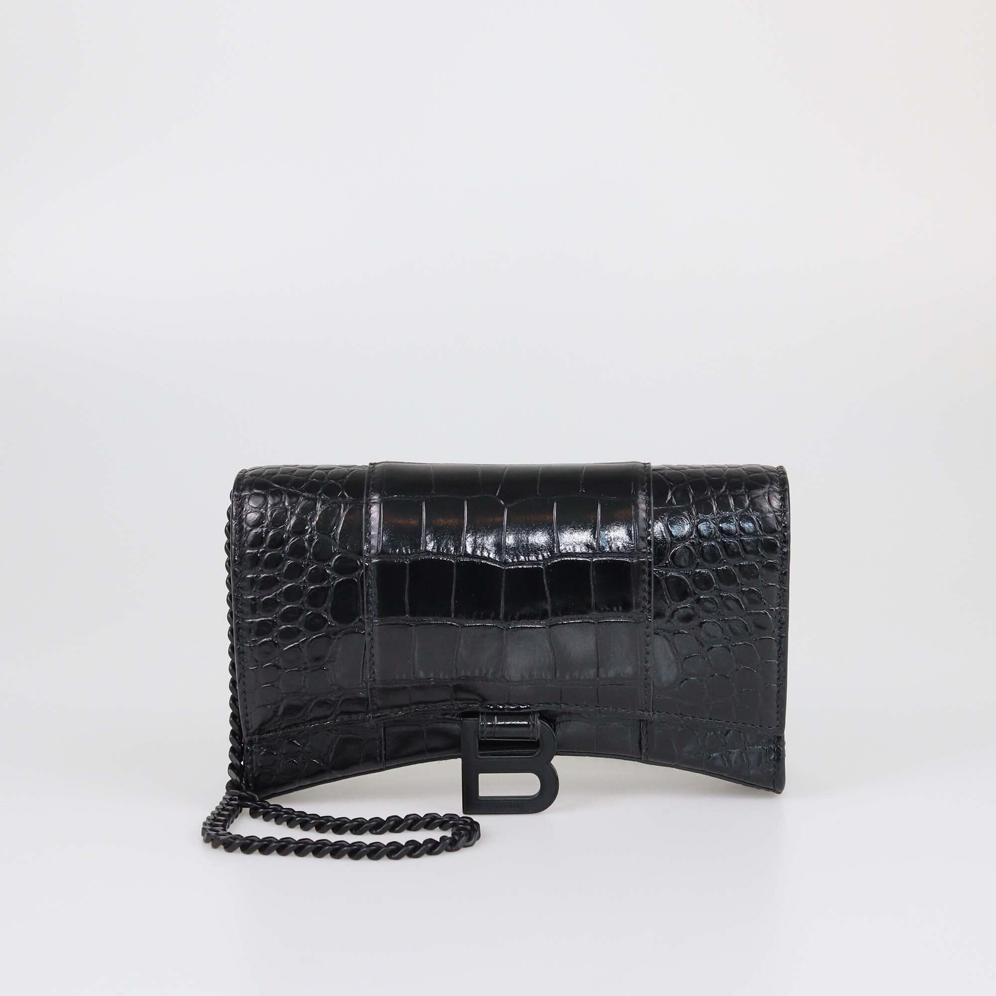 Balenciaga Black Croc Embossed Hourglass Wallet On Chain Womens Balenciaga