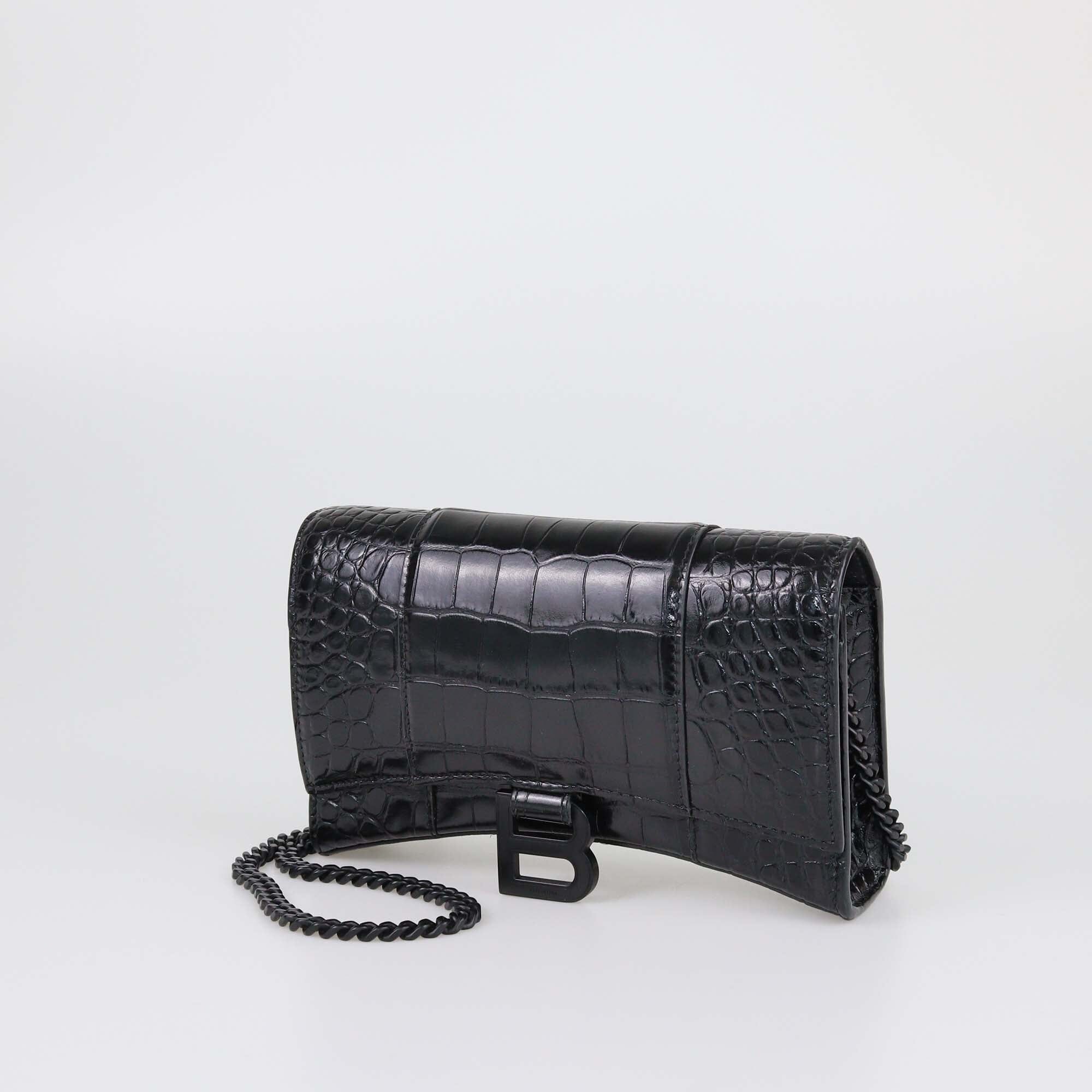Balenciaga Black Croc Embossed Hourglass Wallet On Chain Womens Balenciaga