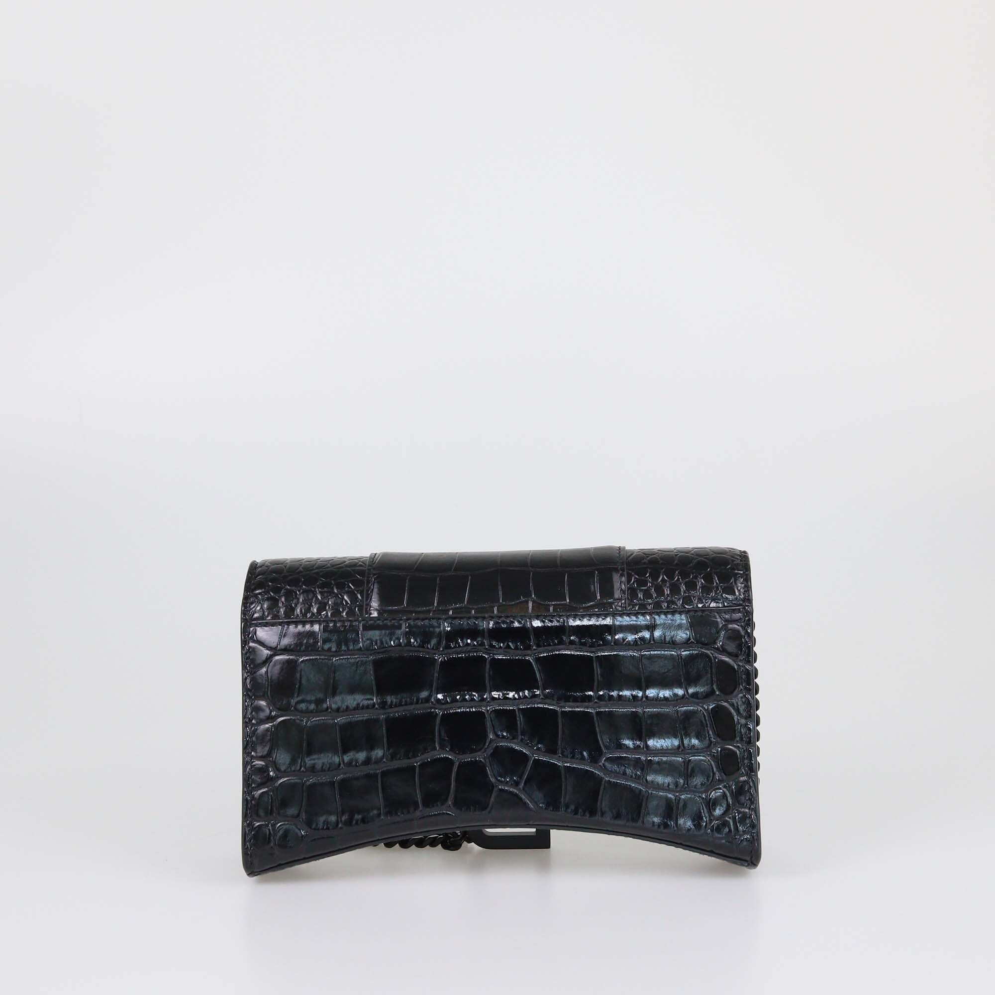 Balenciaga Black Croc Embossed Hourglass Wallet On Chain Womens Balenciaga