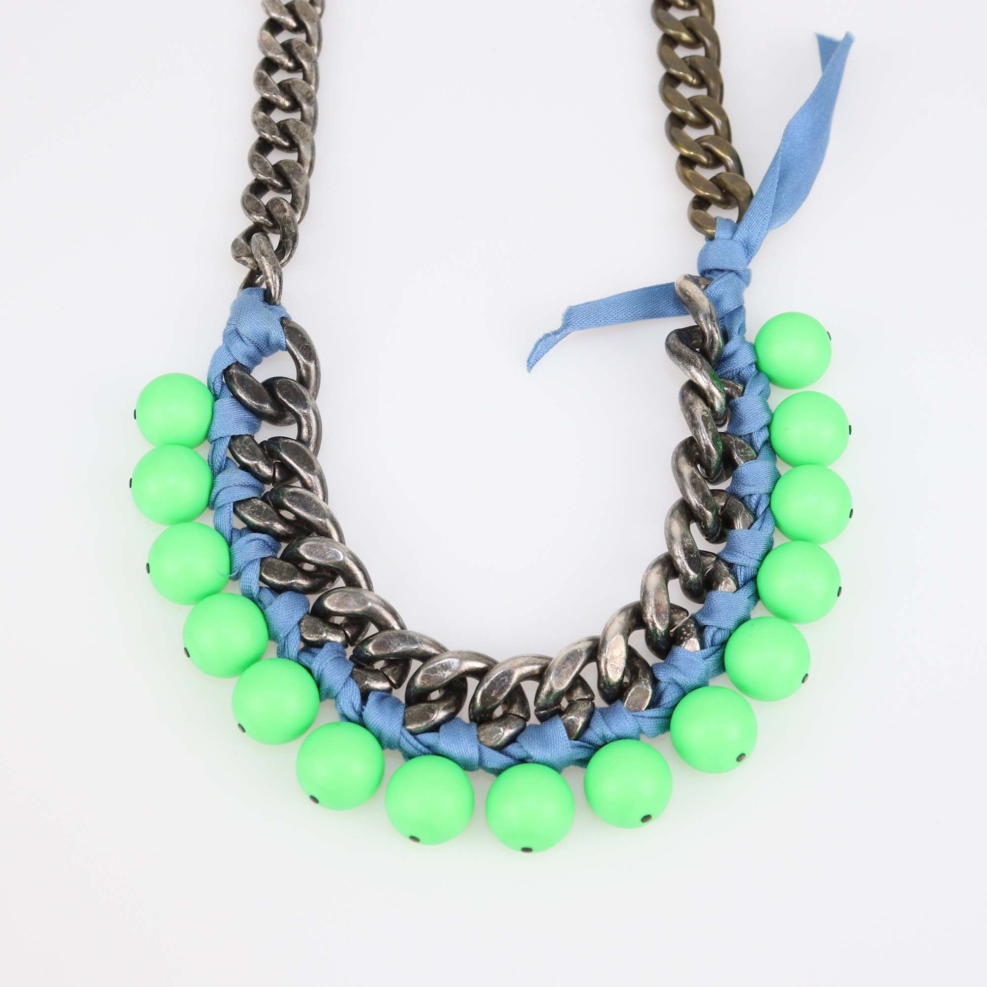 Lanvin Gunmetal Tone Green Acrylic Blaas Chain Necklace