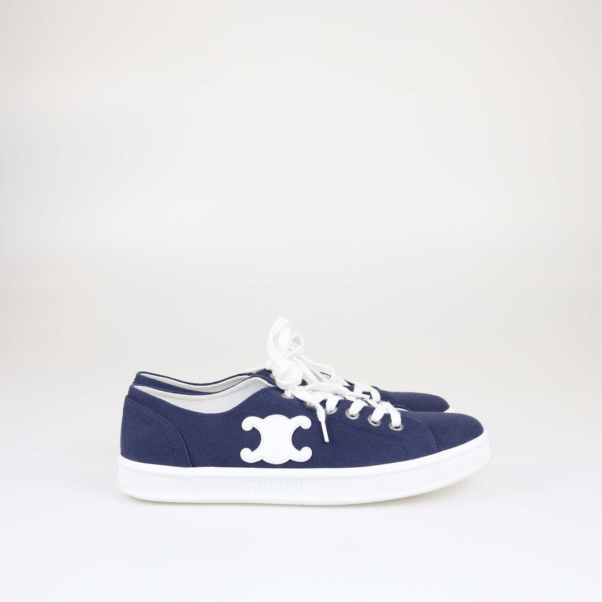 Celine Navy Blue Triomphe Jane Lace Up Low Sneakers Womens Celine