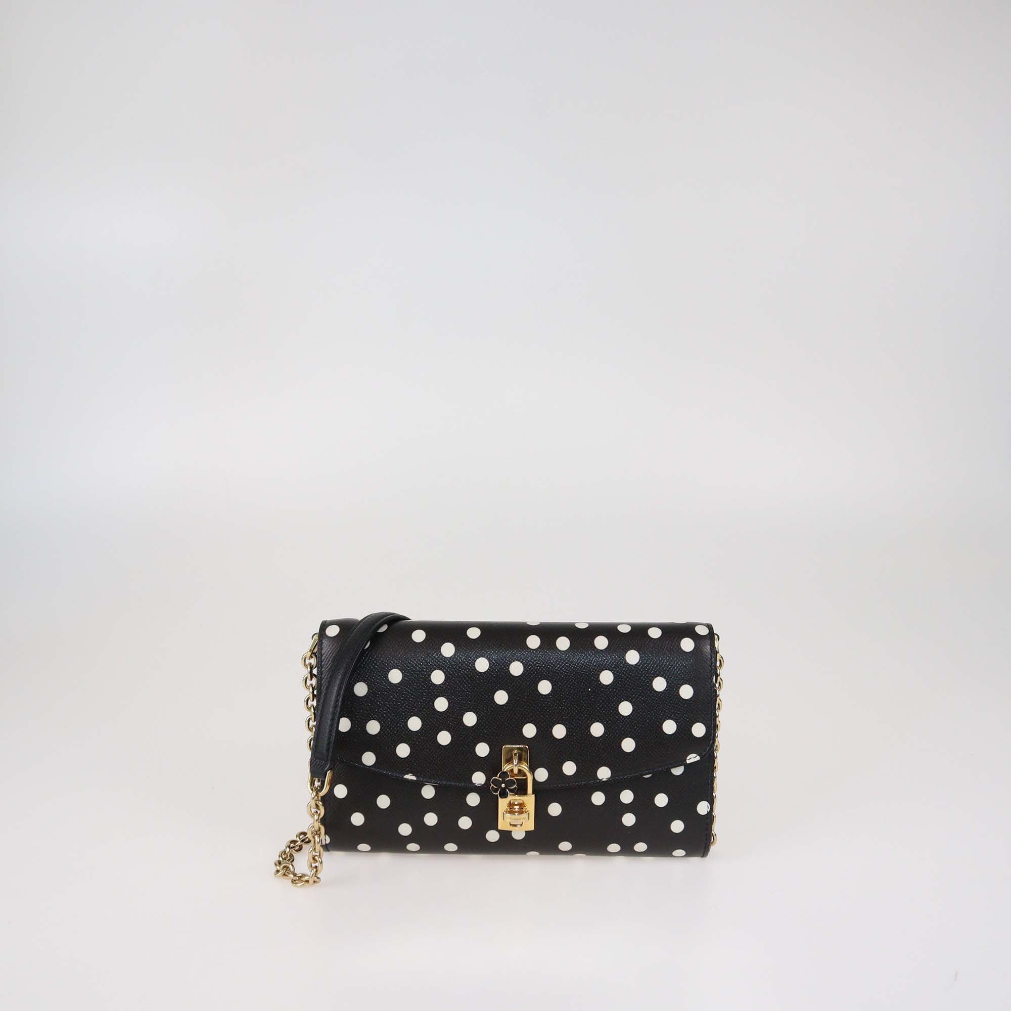 Dolce & Gabbana Black/White Polka Dot Leather Padlock Chain Clutch