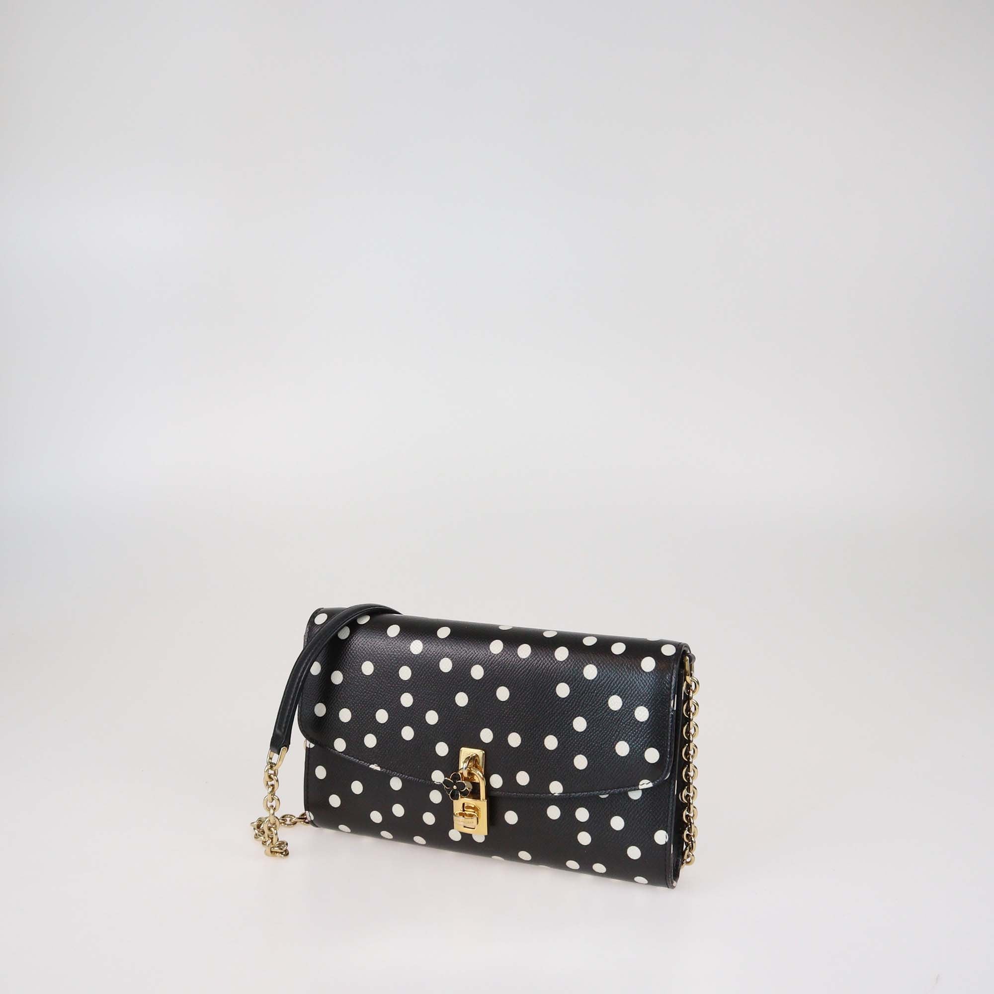 Dolce & Gabbana Black/White Polka Dot Leather Padlock Chain Clutch