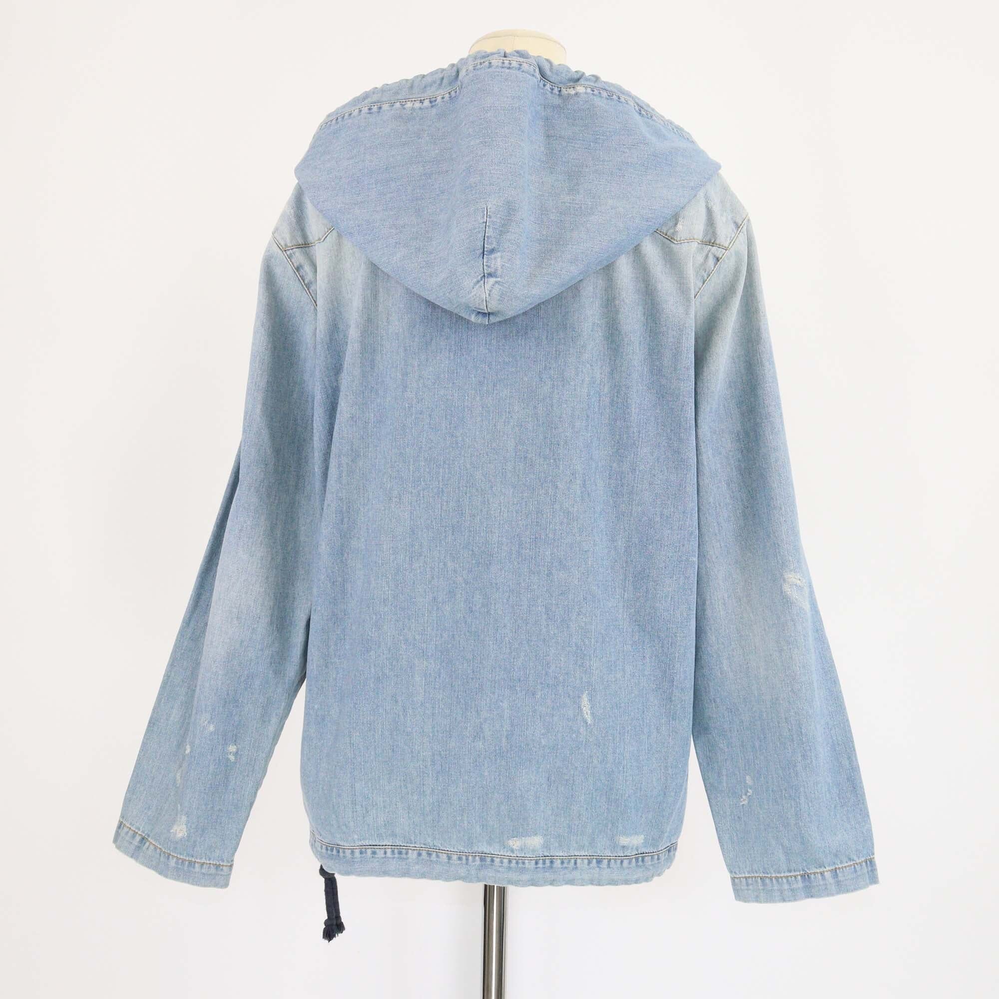 Saint Laurent Washed Blue Denim Distressed Lace Up Hoodie Jacket Womens Saint Laurent