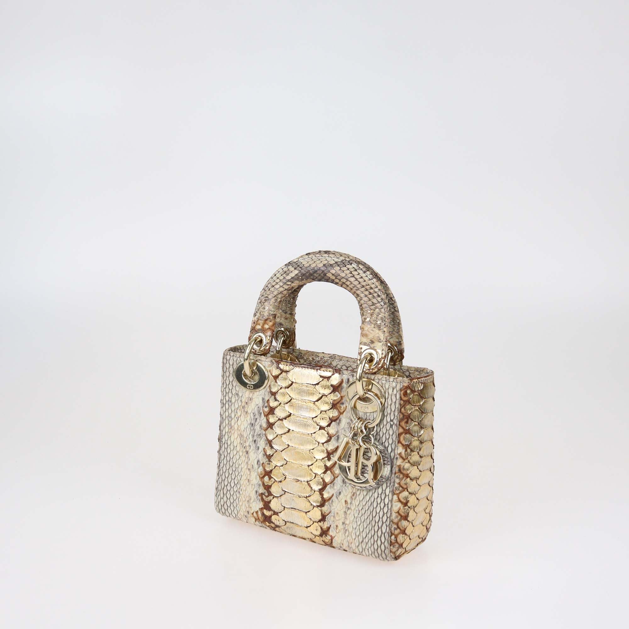 Christian Dior Beige/Gold Python Mini Lady Dior Tote