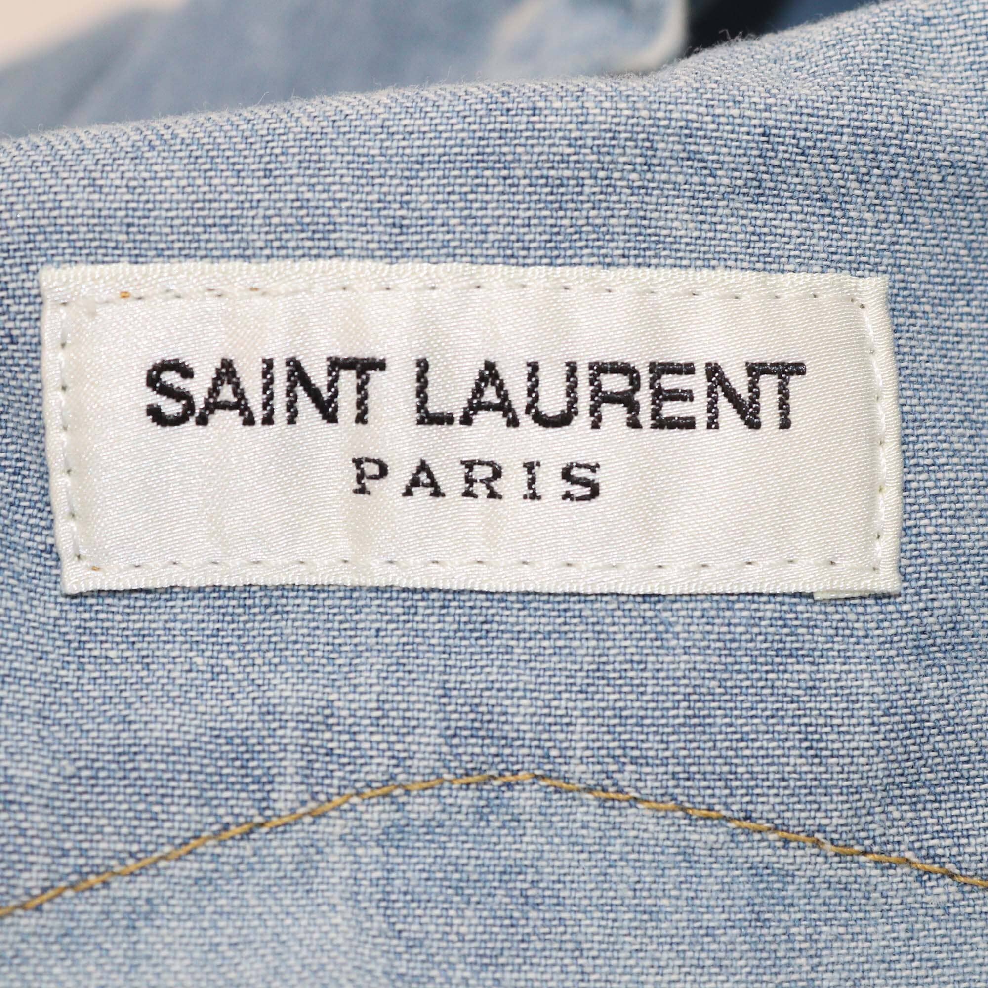Saint Laurent Washed Blue Denim Distressed Lace Up Hoodie Jacket Womens Saint Laurent