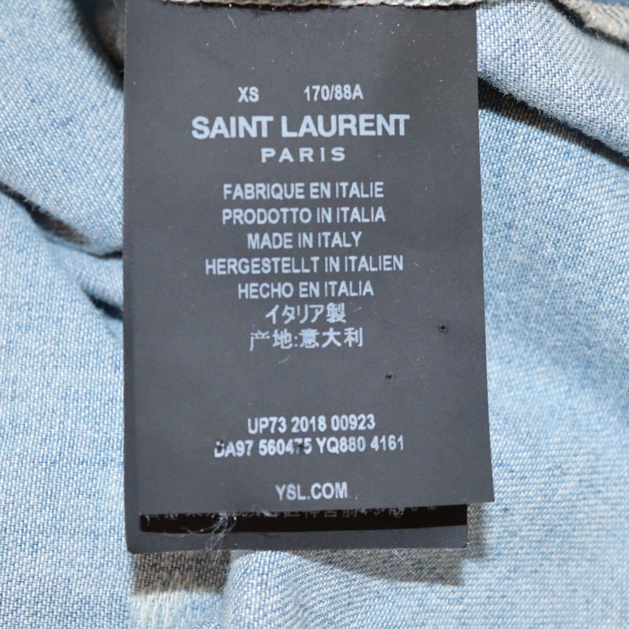 Saint Laurent Washed Blue Denim Distressed Lace Up Hoodie Jacket Womens Saint Laurent
