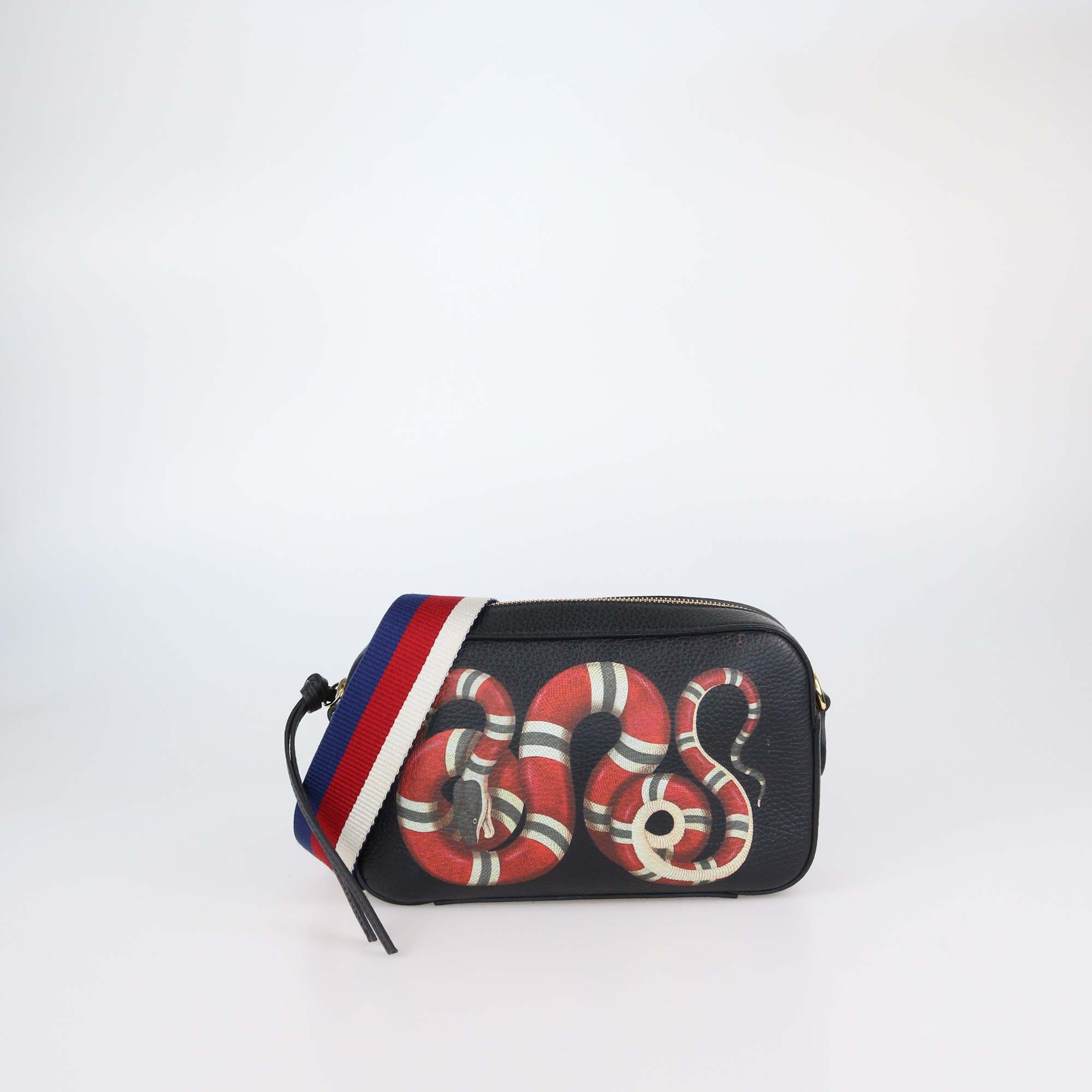 Gucci Black Leather Snake Print Camera Crossbody Bag