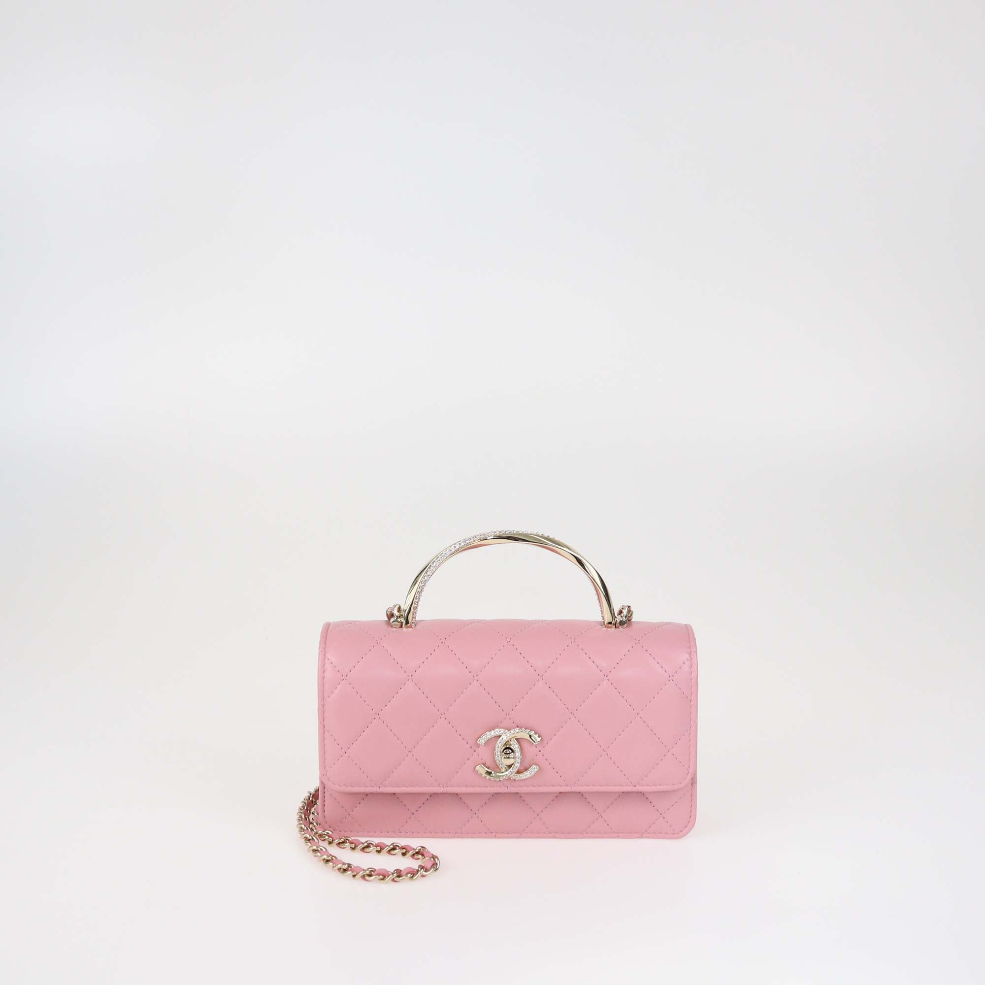 Chanel Pink Quilted Leather Crytal Flap Chain Clutch