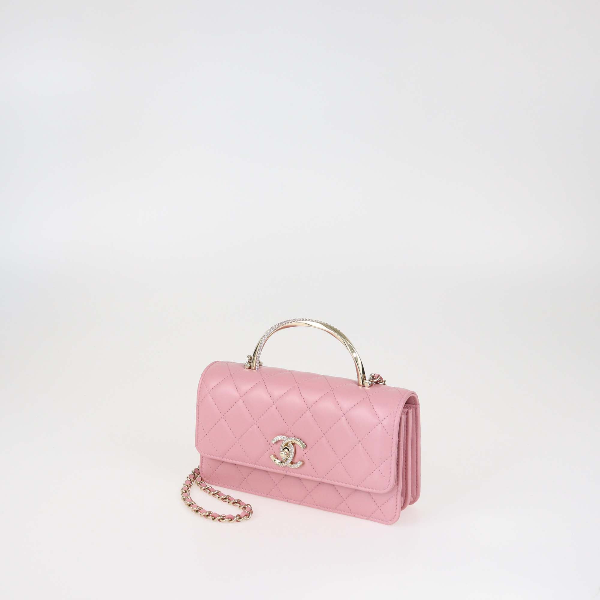 Chanel Pink Quilted Leather Crytal Flap Chain Clutch