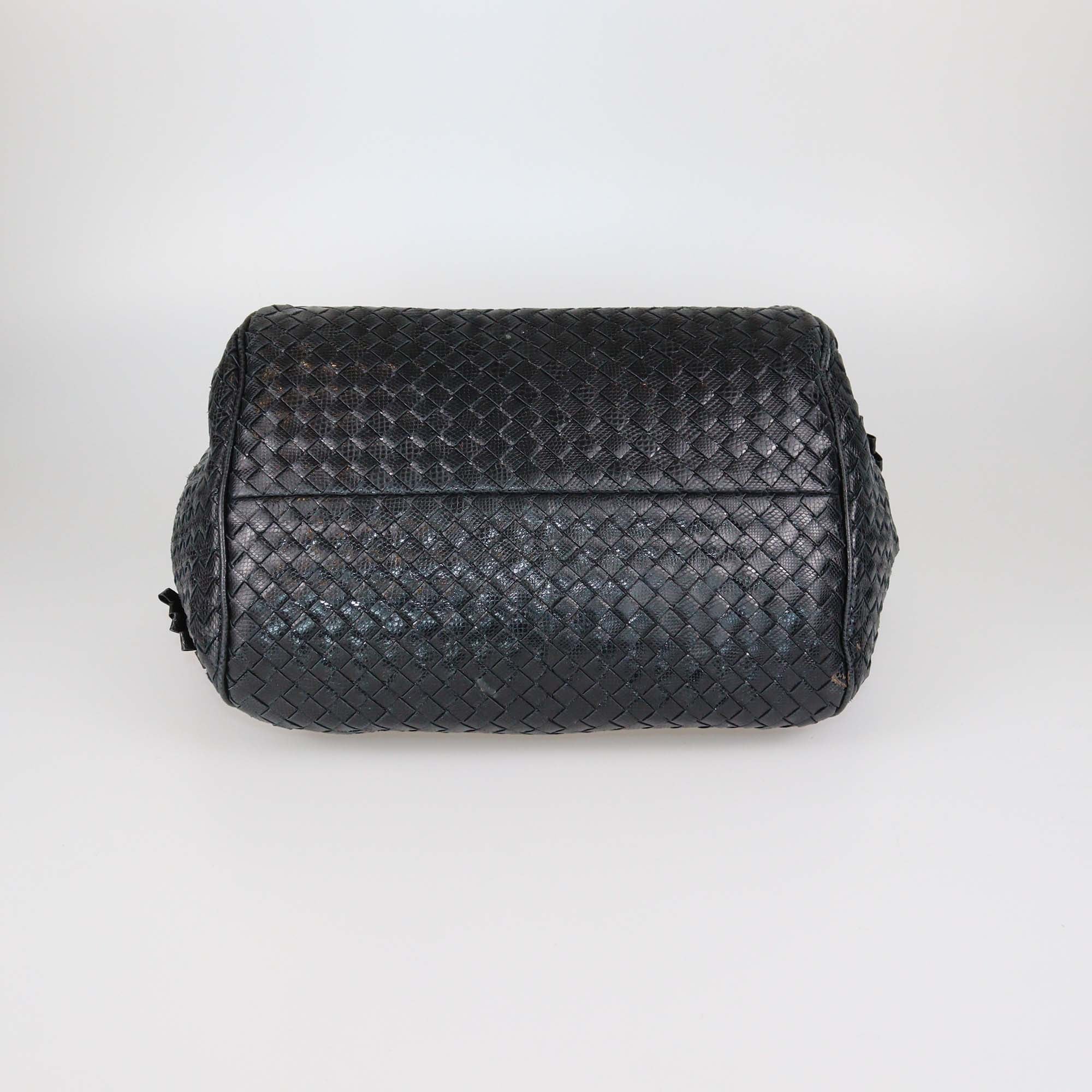 Bottega Veneta Black Intrecciato Karung Leather Ruffled Satchel