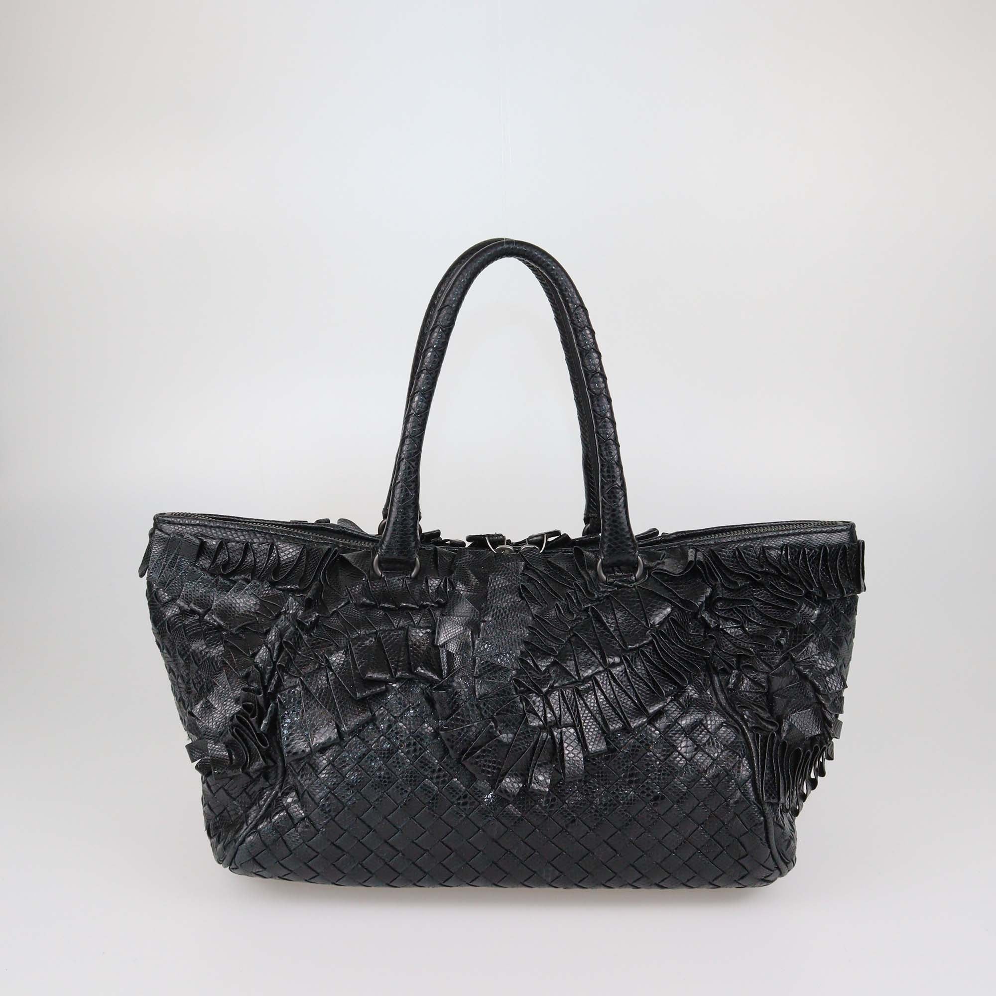 Bottega Veneta Black Intrecciato Karung Leather Ruffled Satchel