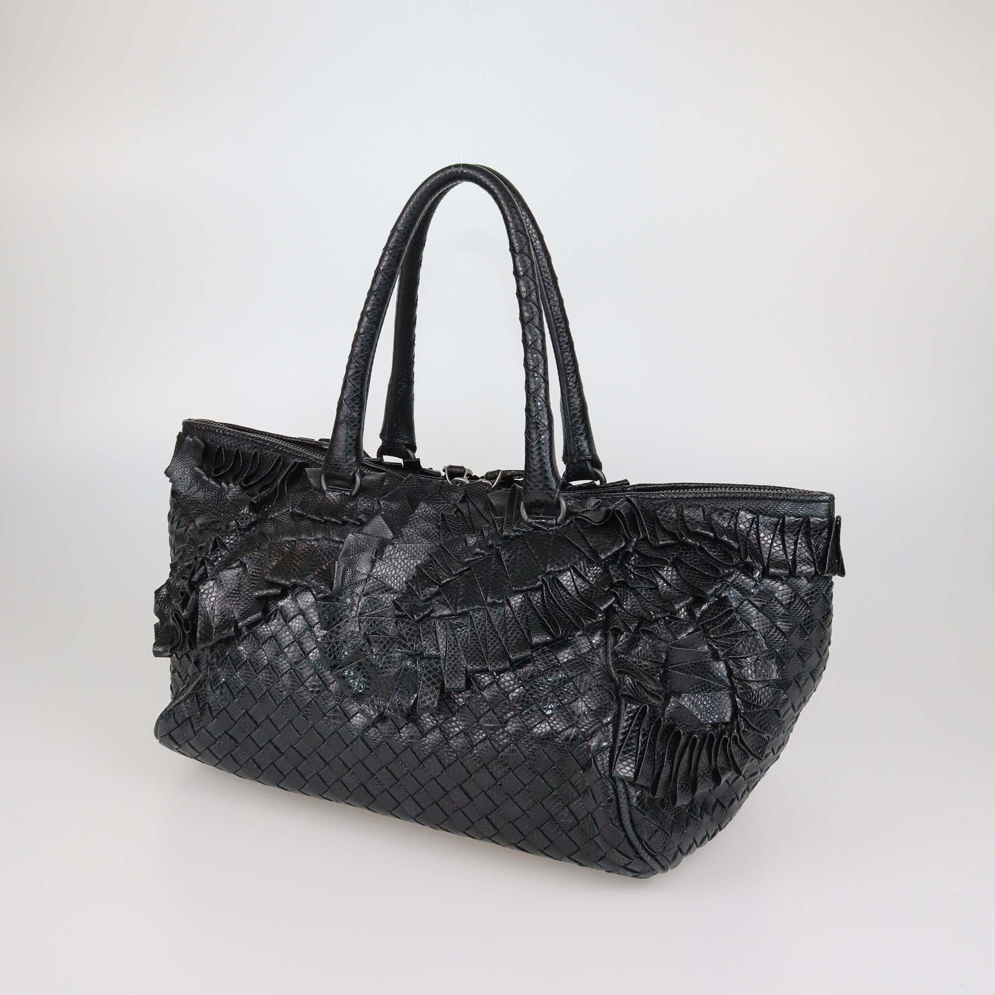 Bottega Veneta Black Intrecciato Karung Leather Ruffled Satchel