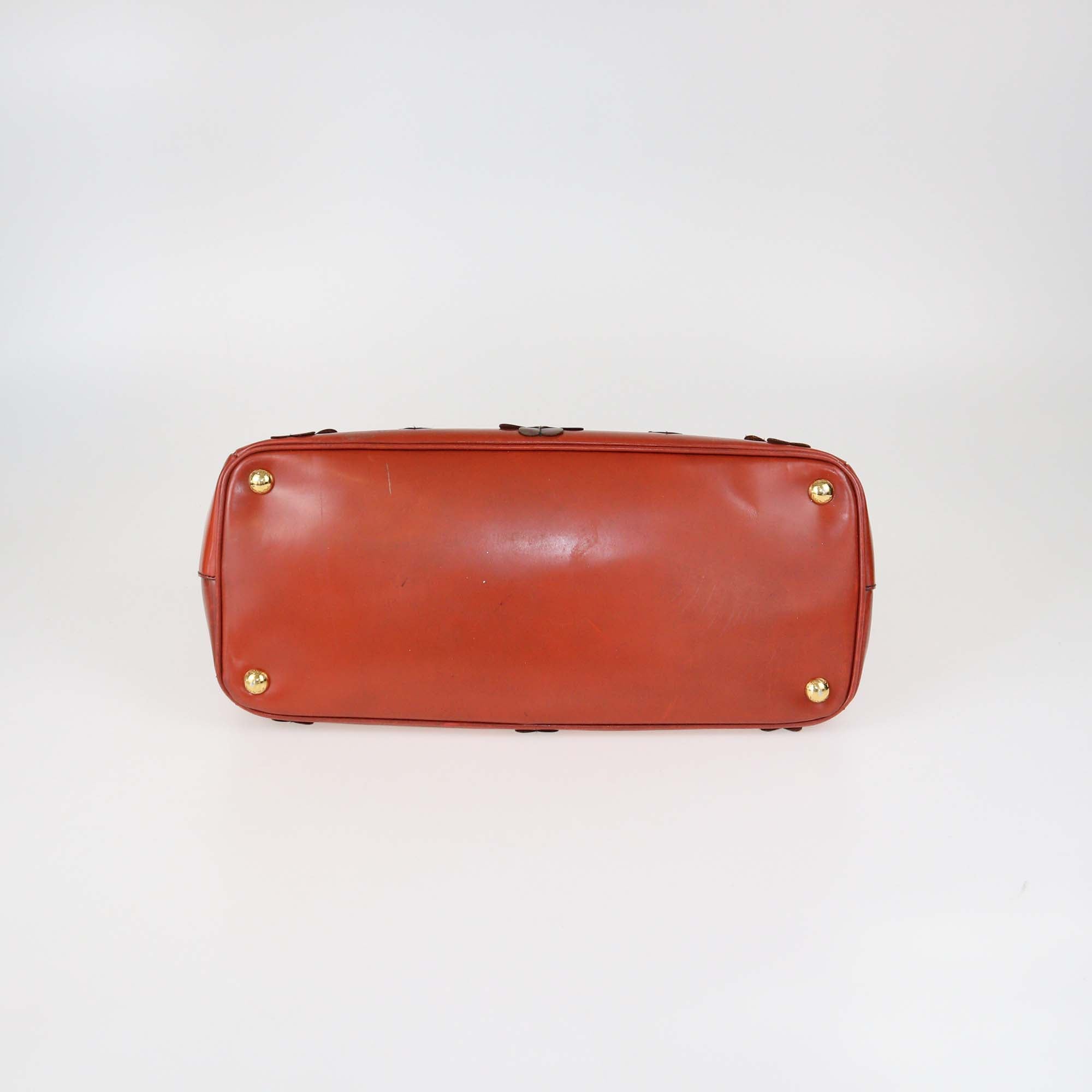 Prada Brick Red Patent Leather Medium Floral Applique Double Zip Tote