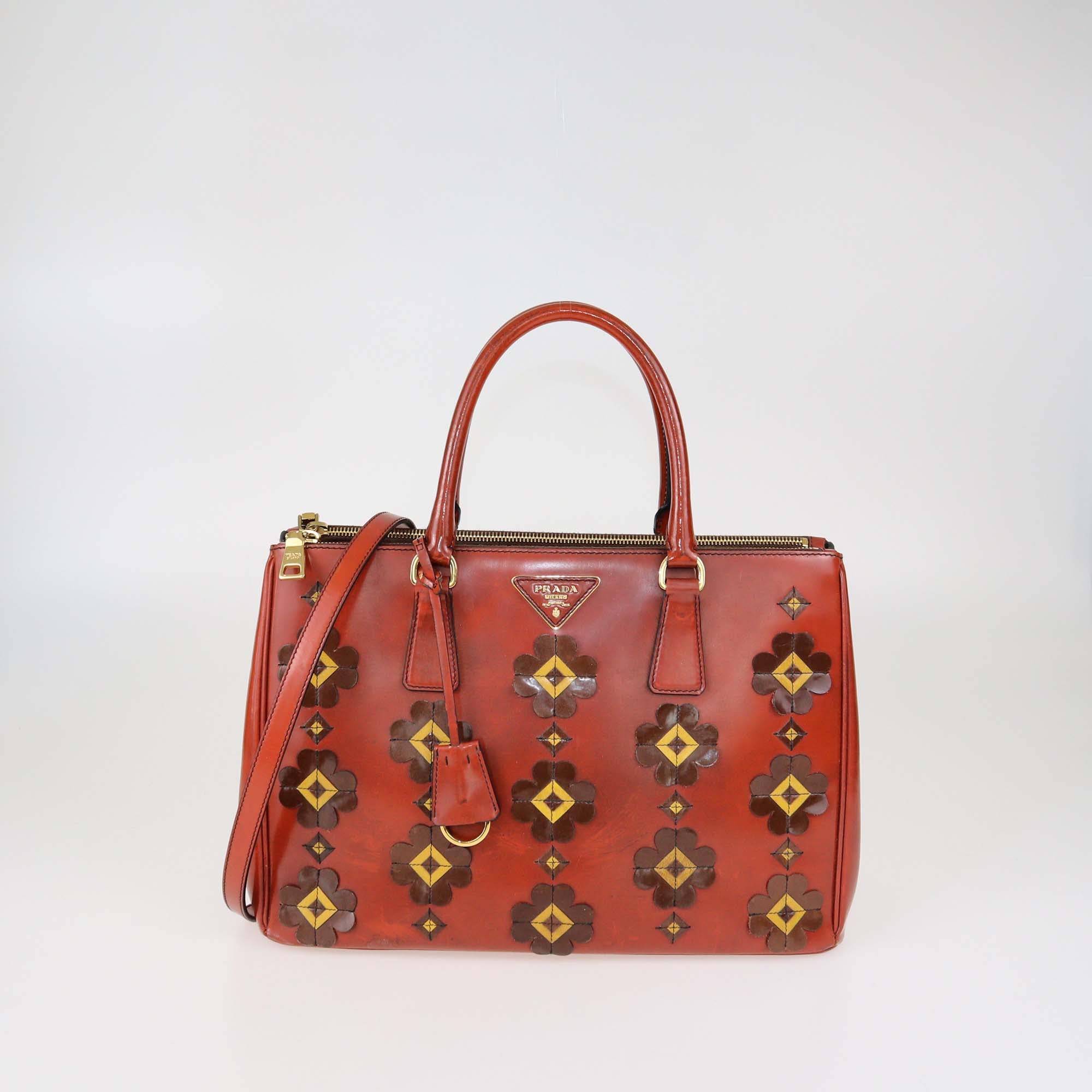 Prada Brick Red Patent Leather Medium Floral Applique Double Zip Tote