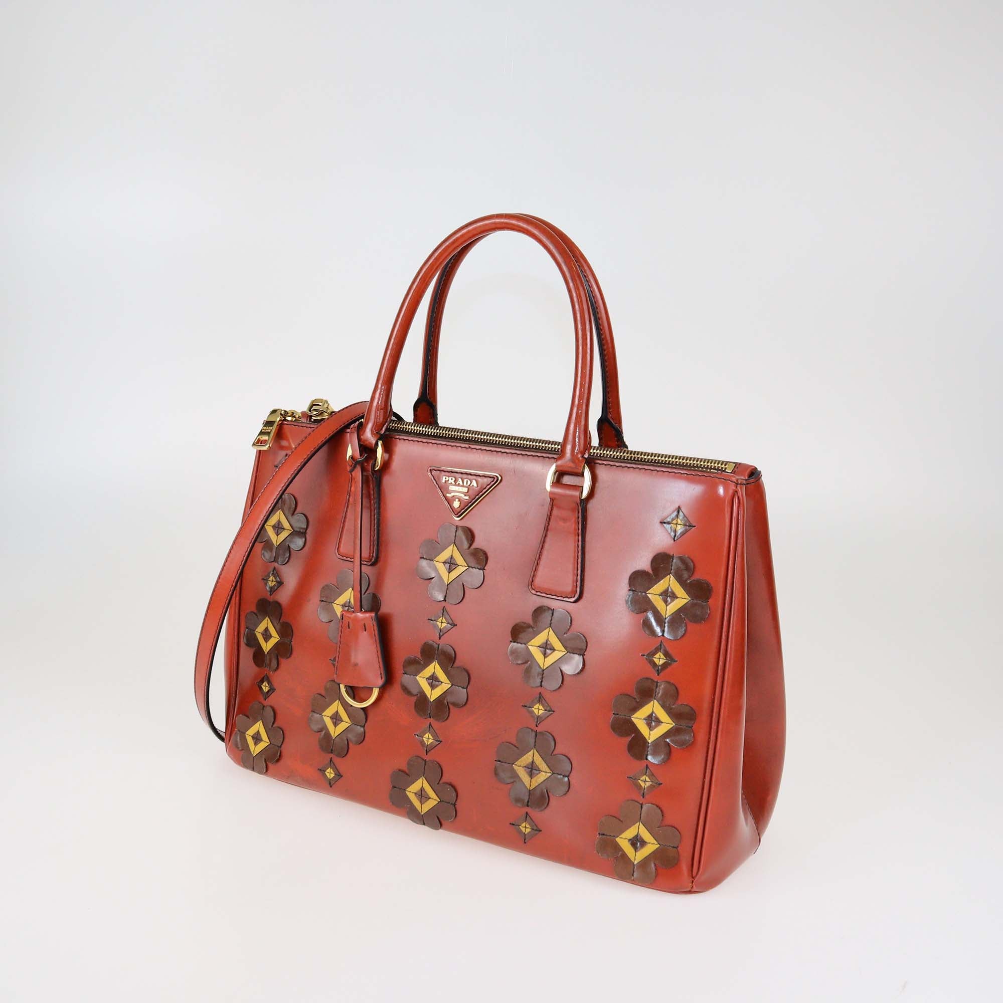 Prada Brick Red Patent Leather Medium Floral Applique Double Zip Tote