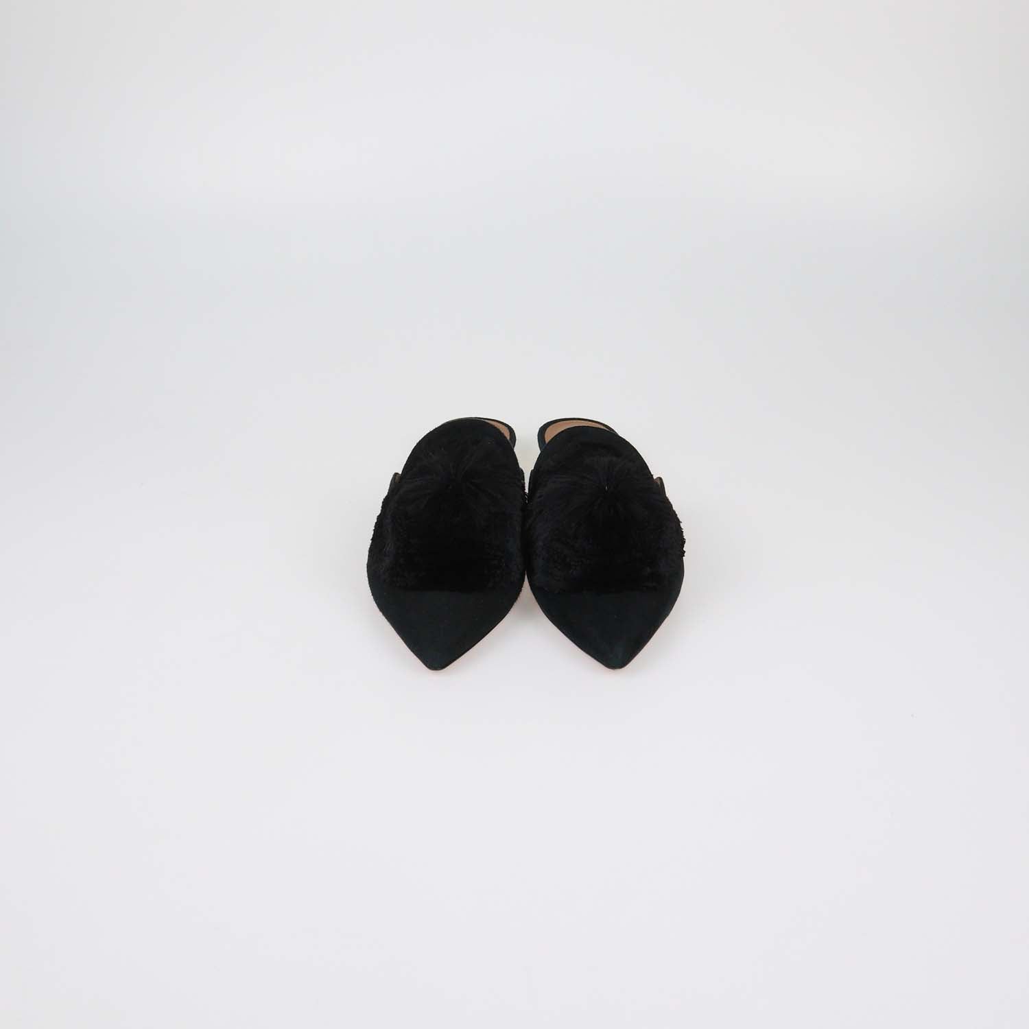 Aquazzura Black Suede Powder Puff Pom Pom Mules