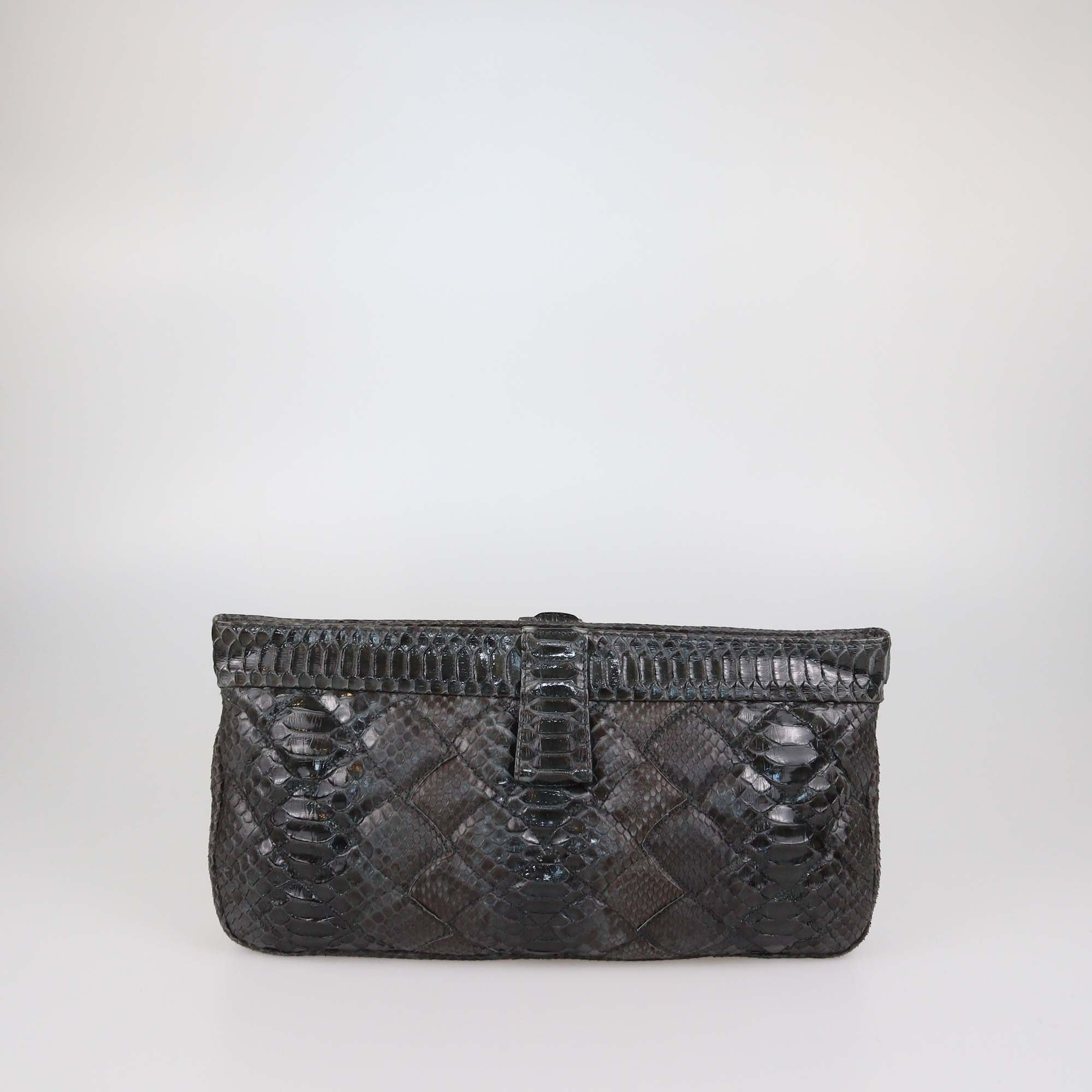 Bottega Veneta Dark Grey Quilted Python Frame Clutch