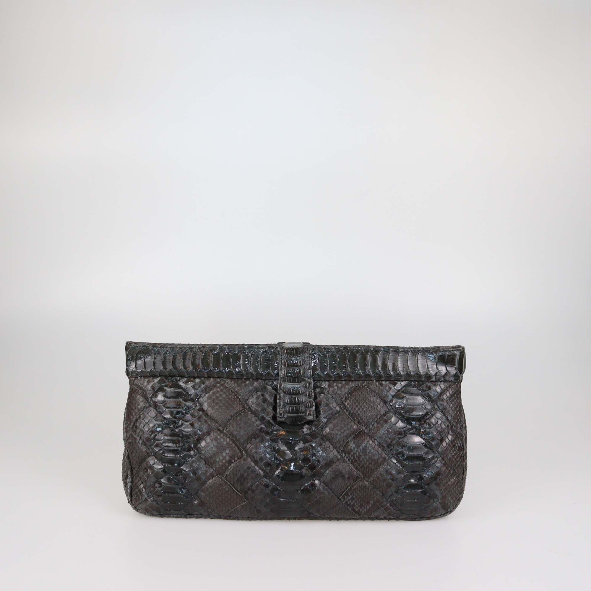 Bottega Veneta Dark Grey Quilted Python Frame Clutch