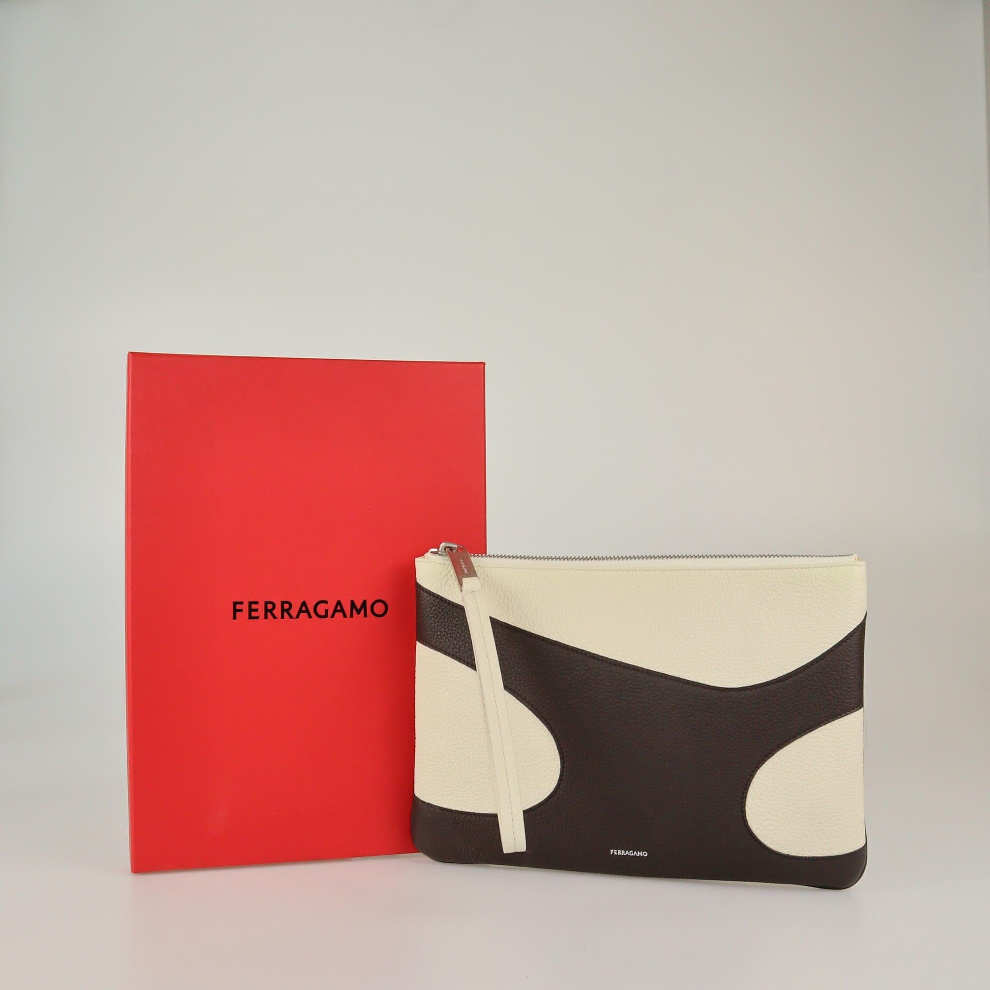 Salvatore Ferragamo Dark Brown/Off White Wristlet Zip Pouch Mens Salvatore Ferragamo