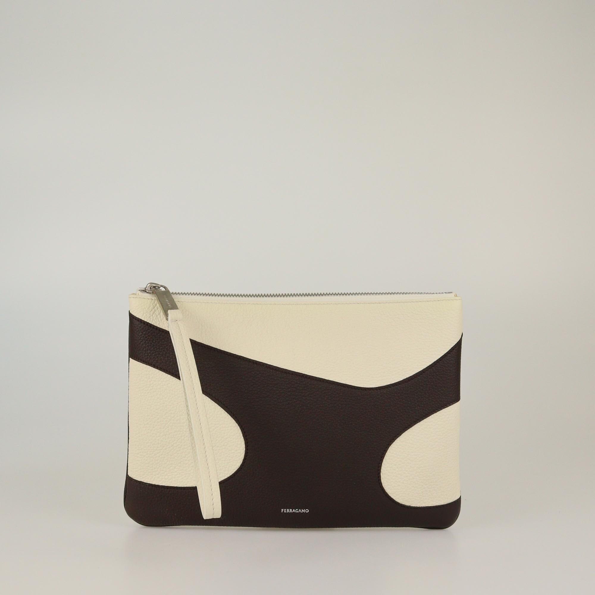 Salvatore Ferragamo Dark Brown/Off White Wristlet Zip Pouch Mens Salvatore Ferragamo