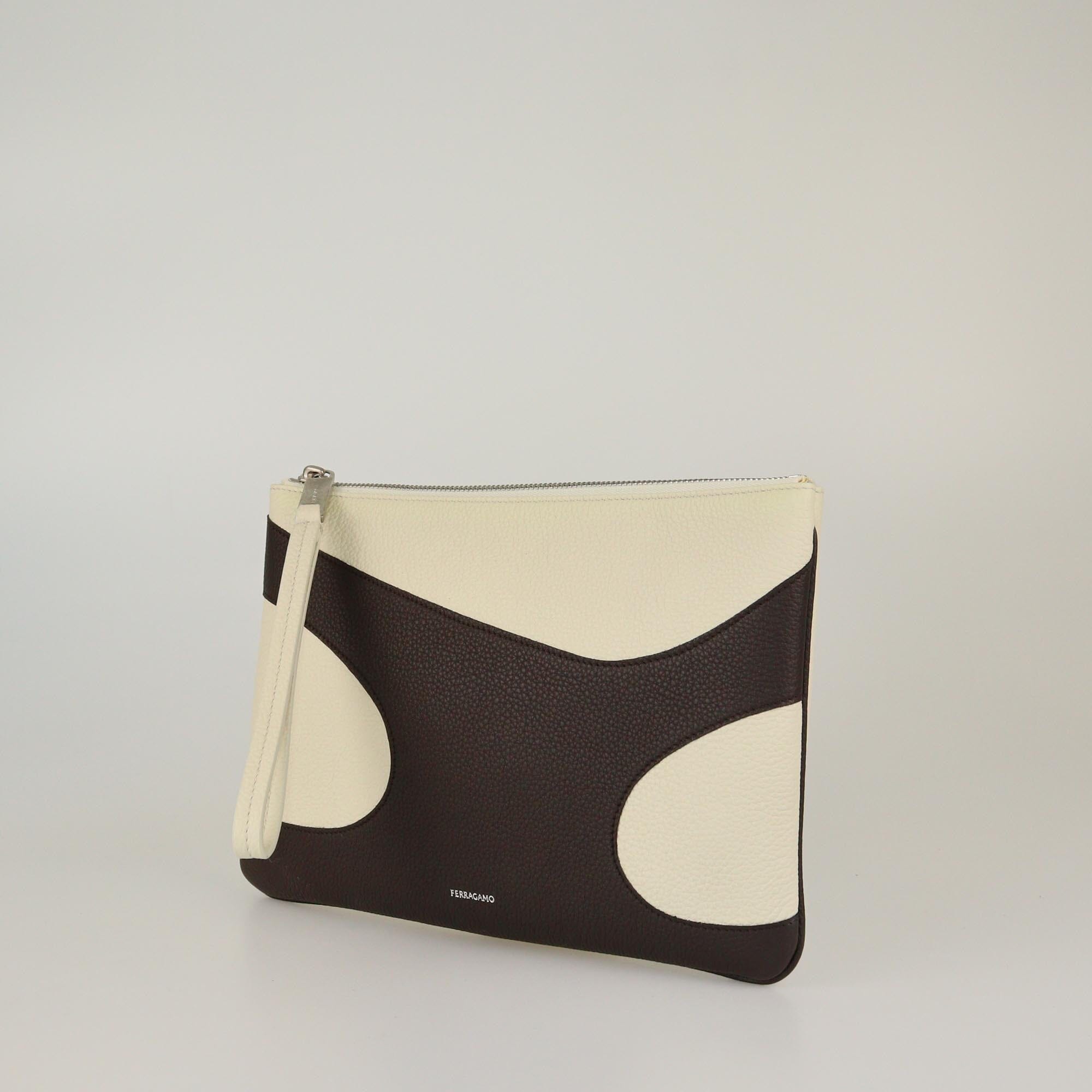 Salvatore Ferragamo Dark Brown/Off White Wristlet Zip Pouch Mens Salvatore Ferragamo