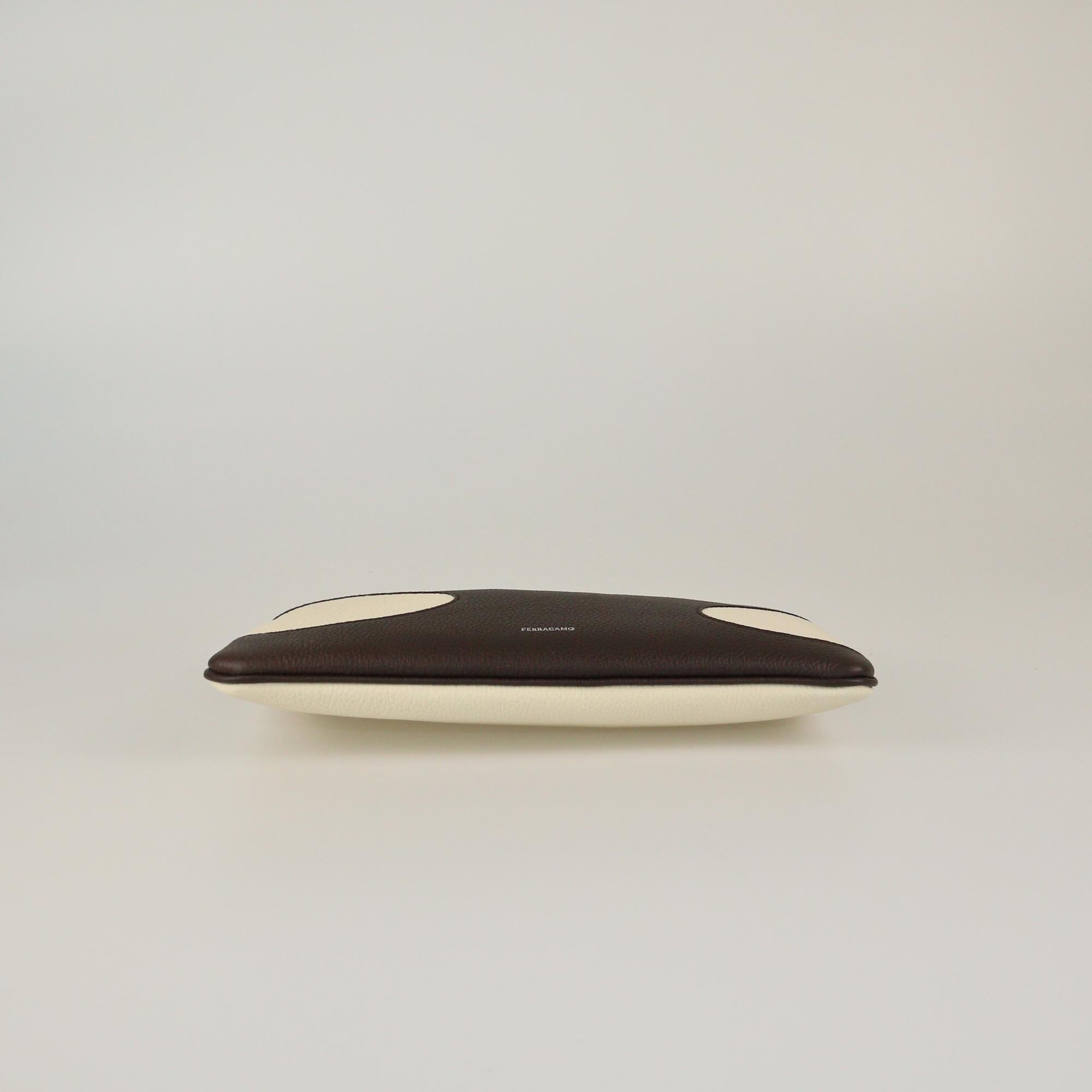 Salvatore Ferragamo Dark Brown/Off White Wristlet Zip Pouch Mens Salvatore Ferragamo