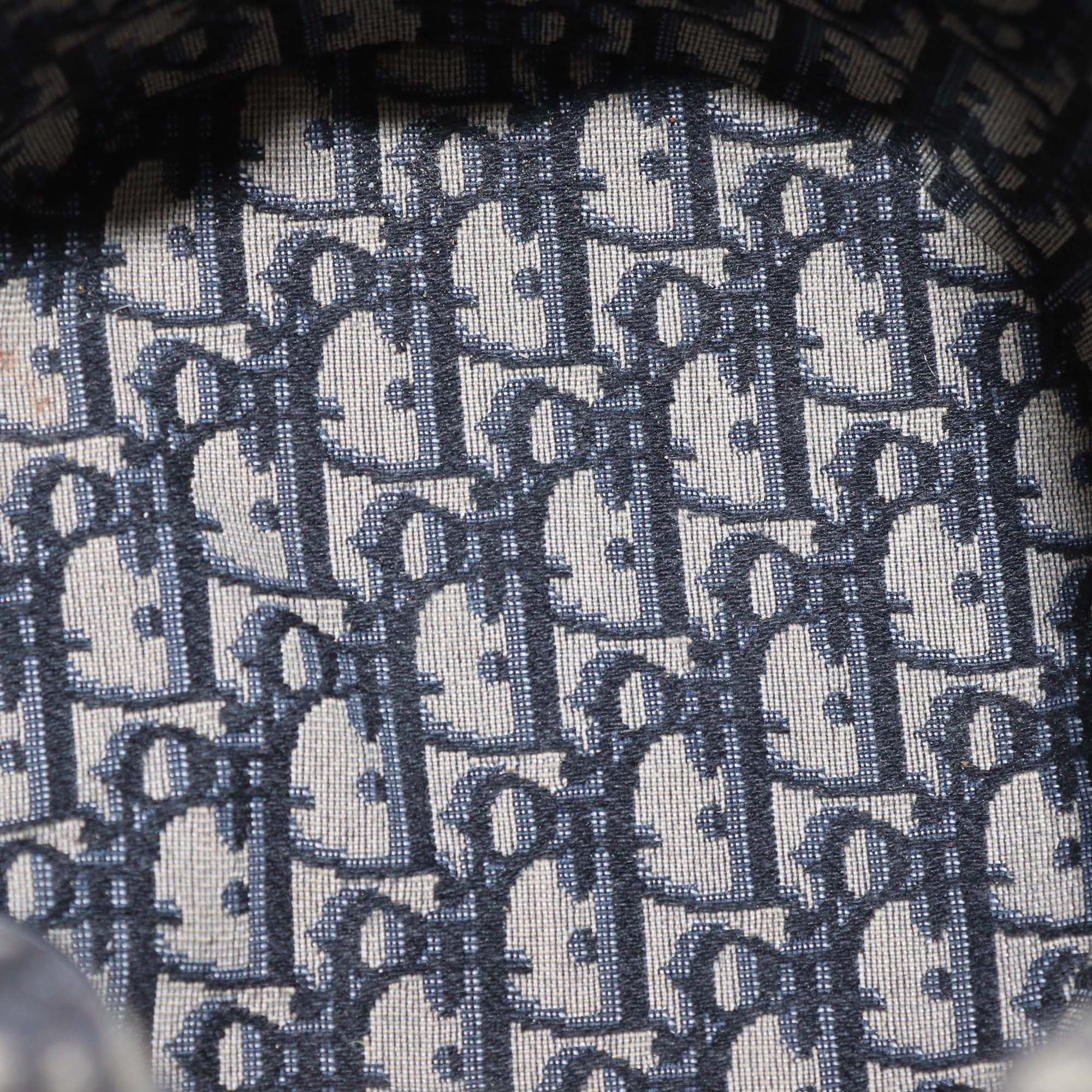 Christian Dior Navy Blue/Natural Canvas & Wicker Embroidered Drawstring Bucket Bag