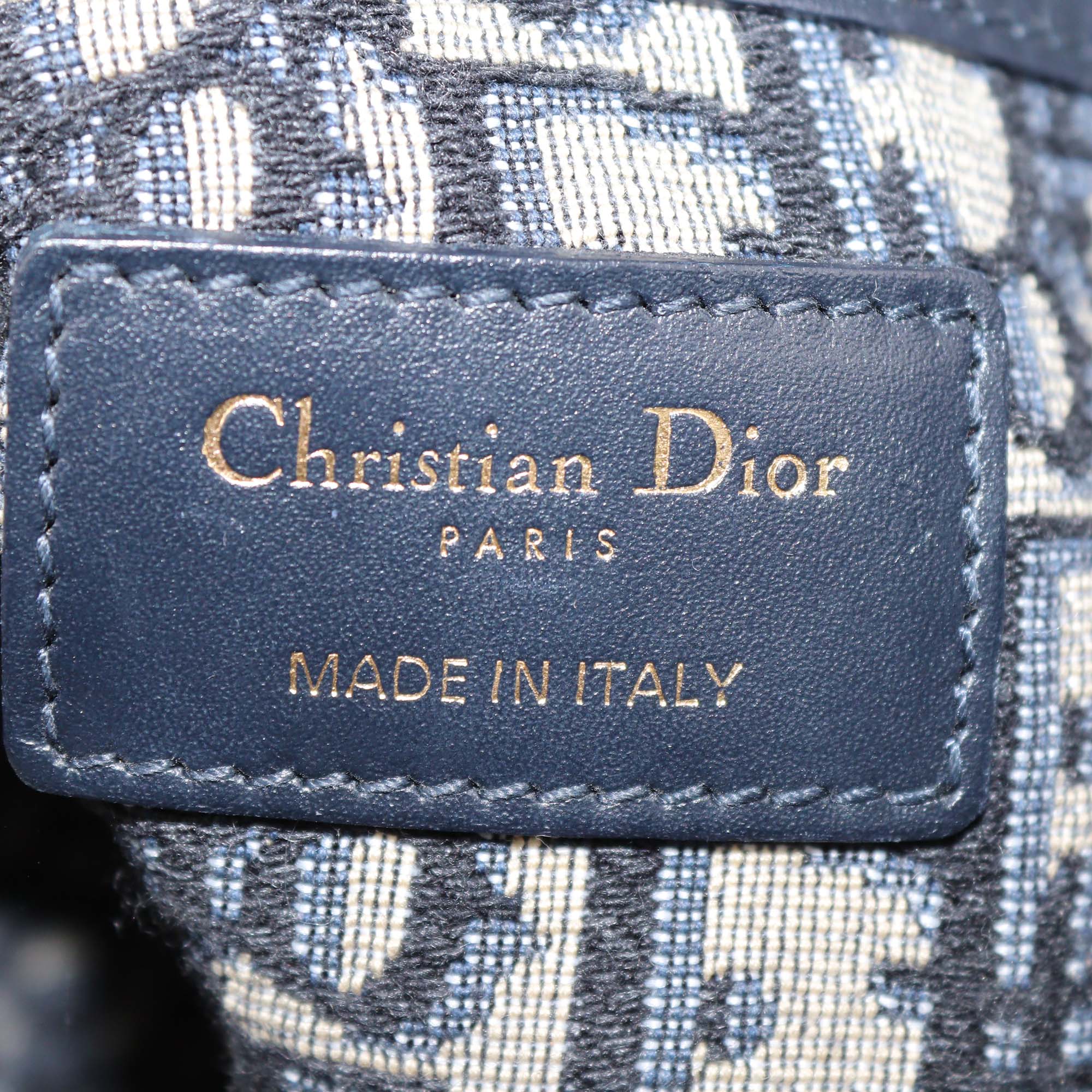 Christian Dior Navy Blue/Natural Canvas & Wicker Embroidered Drawstring Bucket Bag