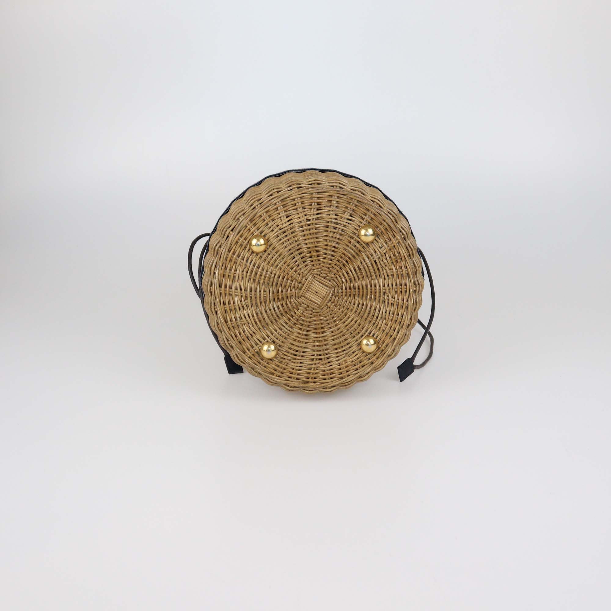 Christian Dior Navy Blue/Natural Canvas & Wicker Embroidered Drawstring Bucket Bag