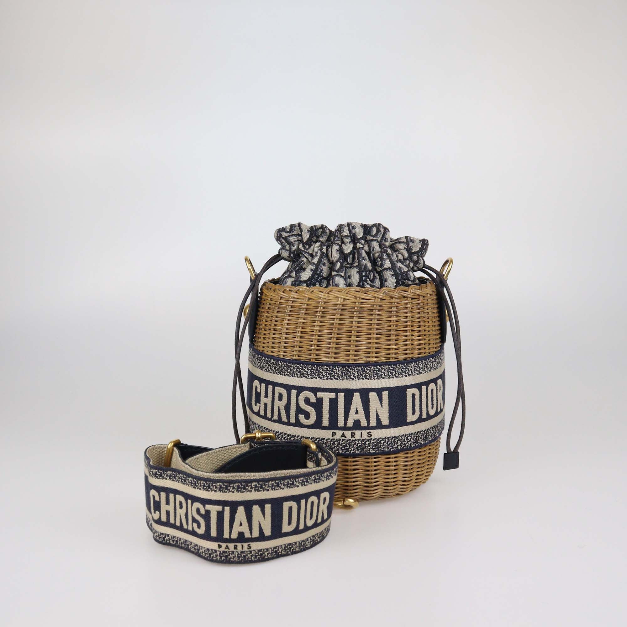 Christian Dior Navy Blue/Natural Canvas & Wicker Embroidered Drawstring Bucket Bag