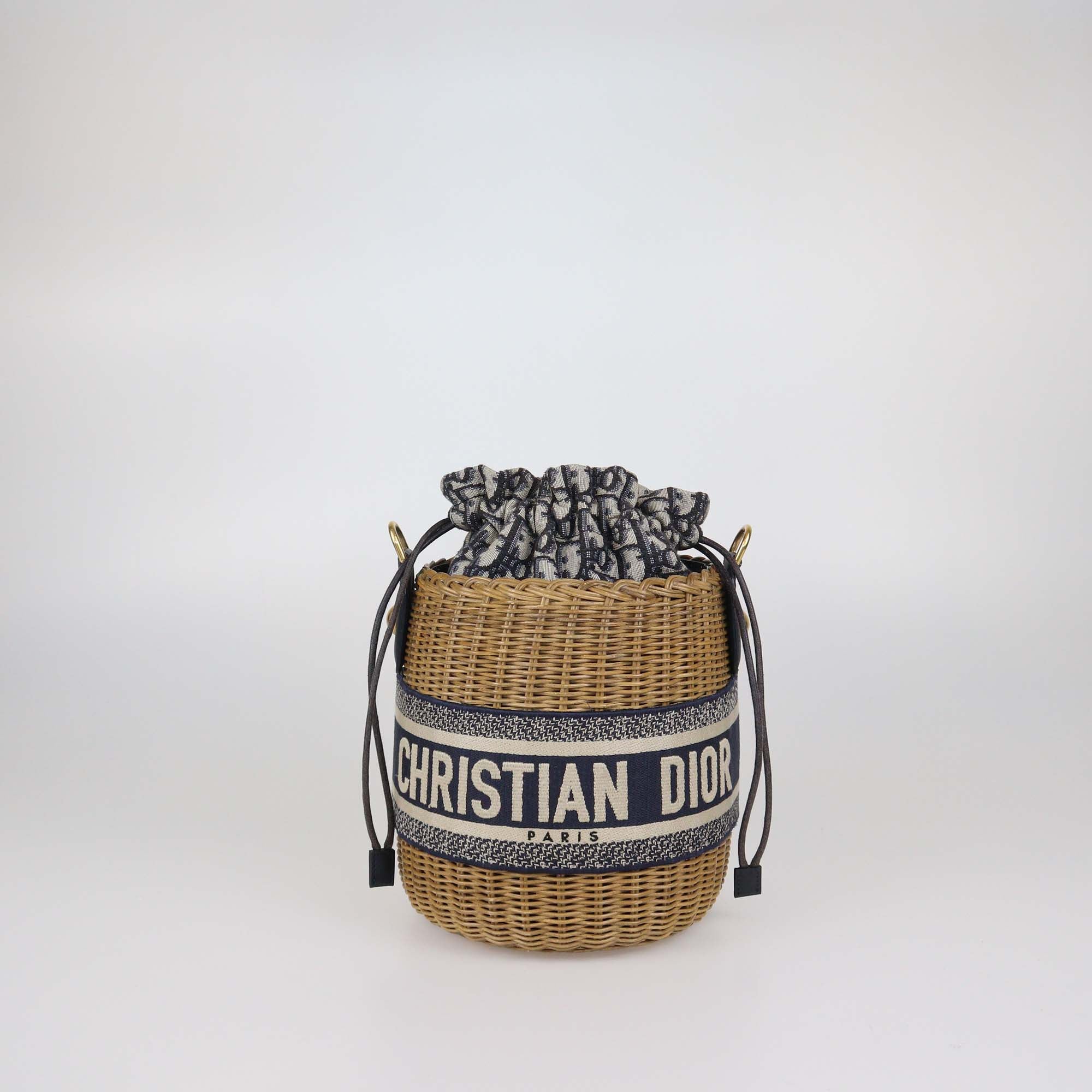 Christian Dior Navy Blue/Natural Canvas & Wicker Embroidered Drawstring Bucket Bag