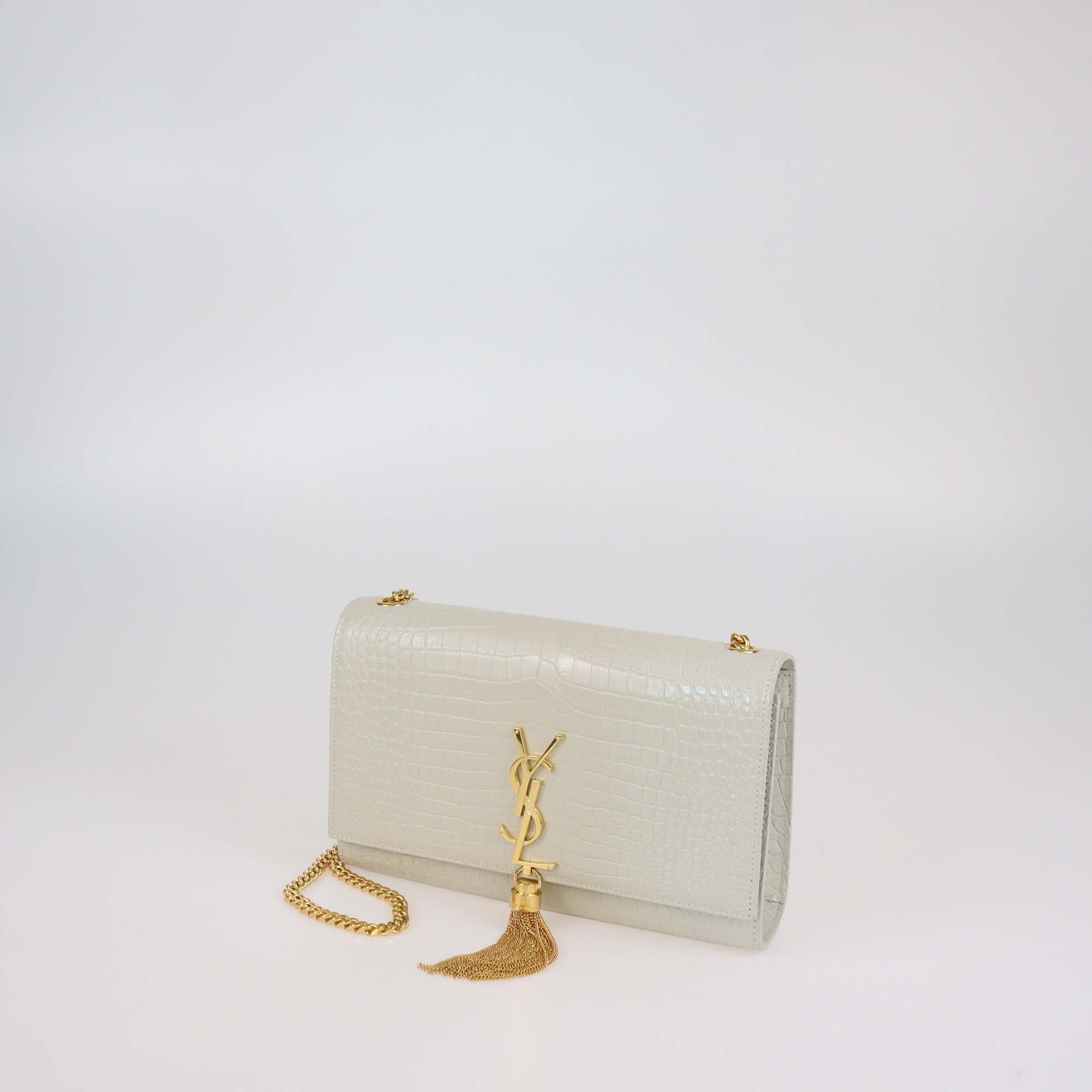 Saint Laurent Off White Croc Embossed Leather Medium Kate Tassel Shoulder Bag