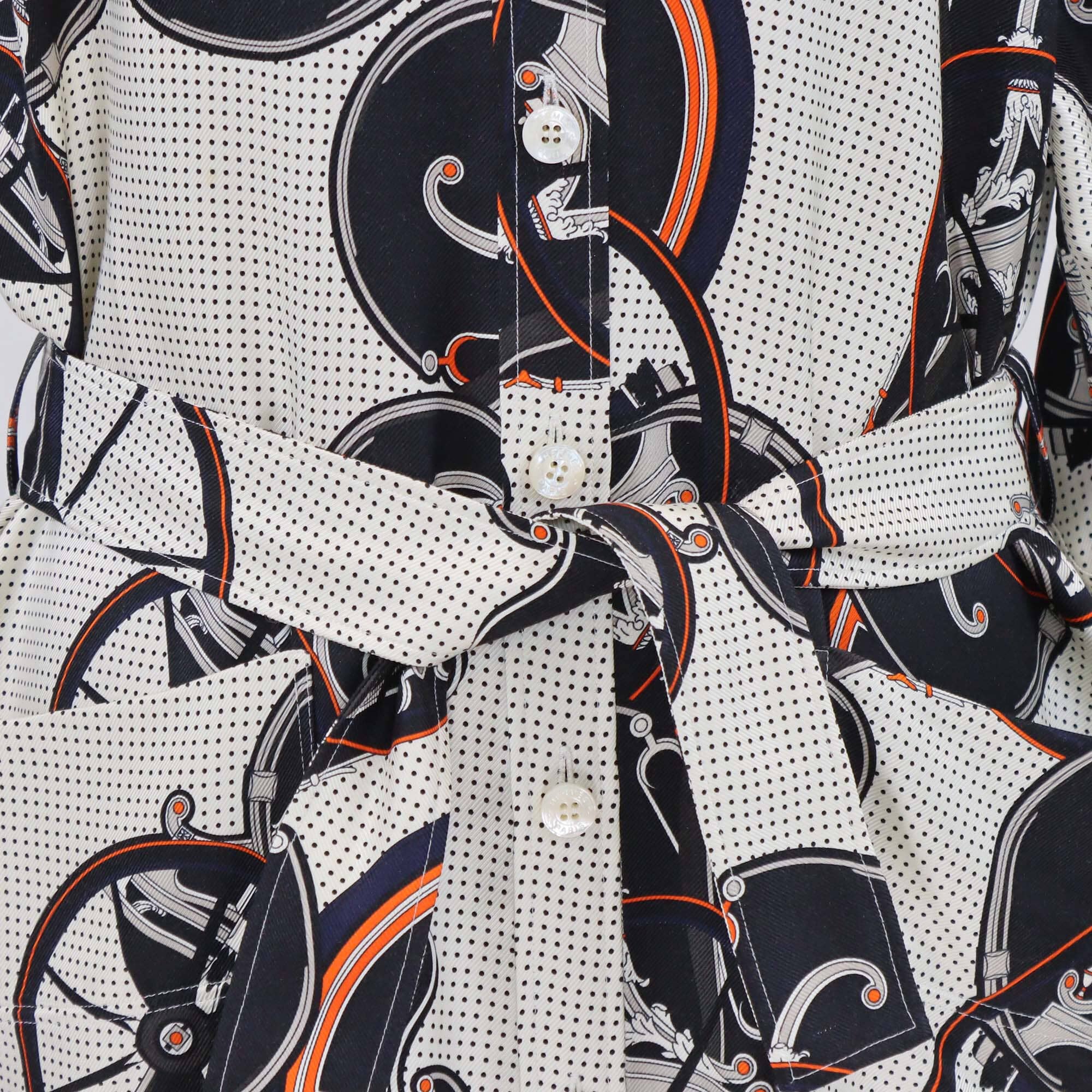 Hermes Tricolor Carriage Print Three Quarter Sleeve Belted Shirt Dress Womens Hermes