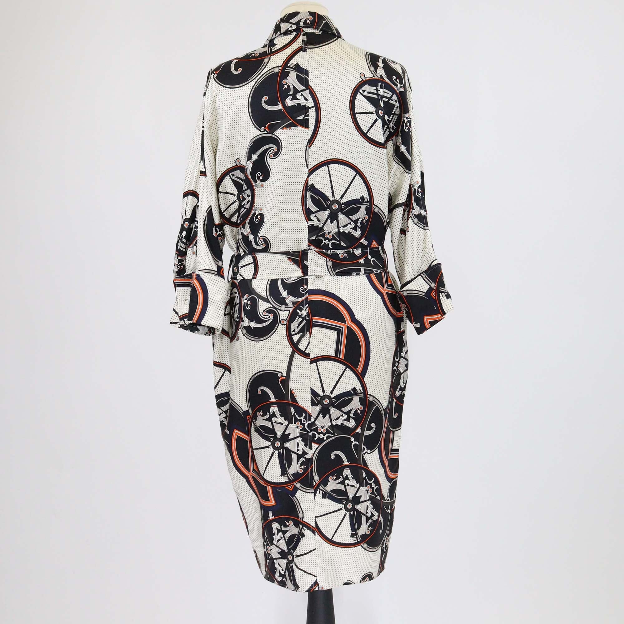 Hermes Tricolor Carriage Print Three Quarter Sleeve Belted Shirt Dress Womens Hermes