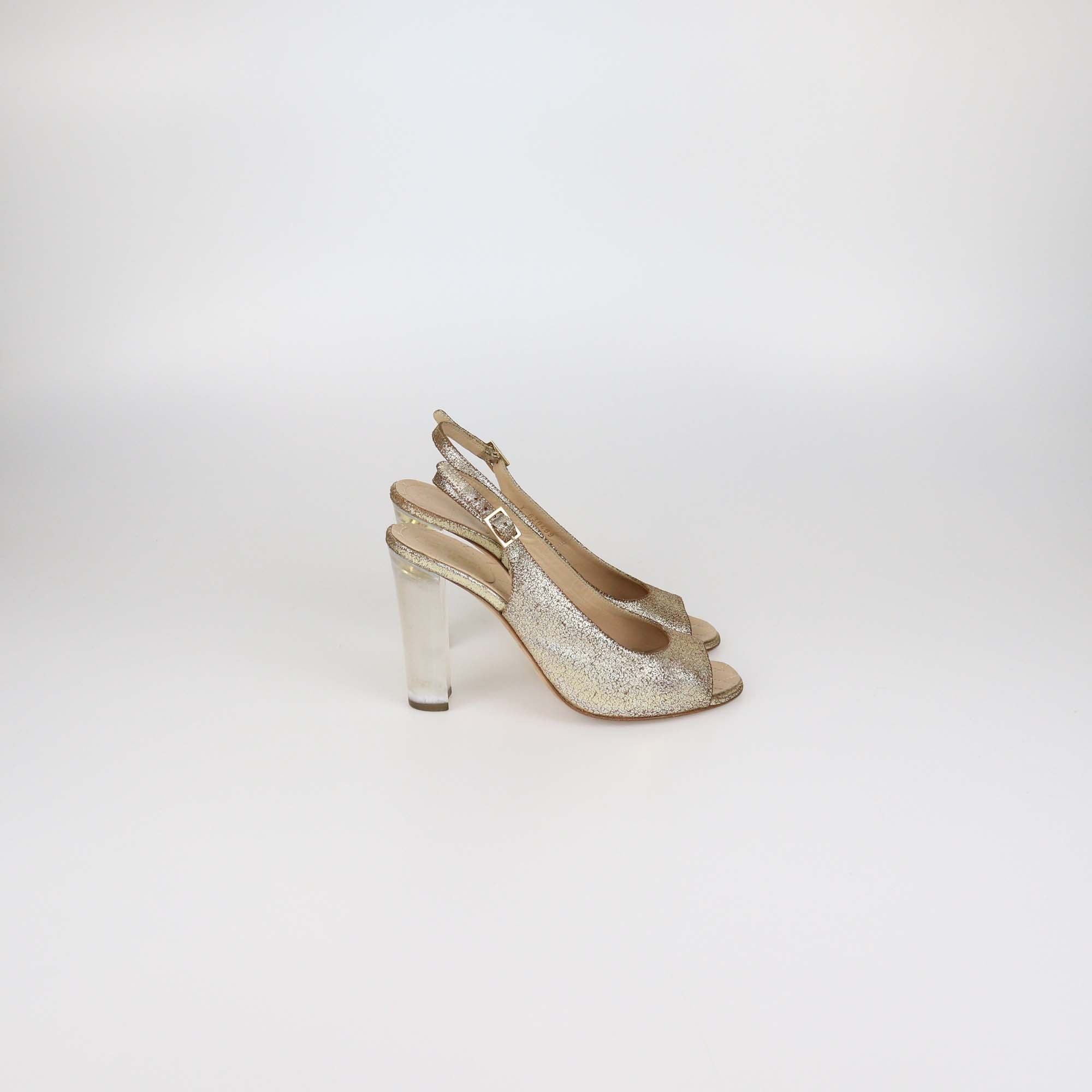 Chanel Gold Suede CC Transparent Heels Slingback Sandals