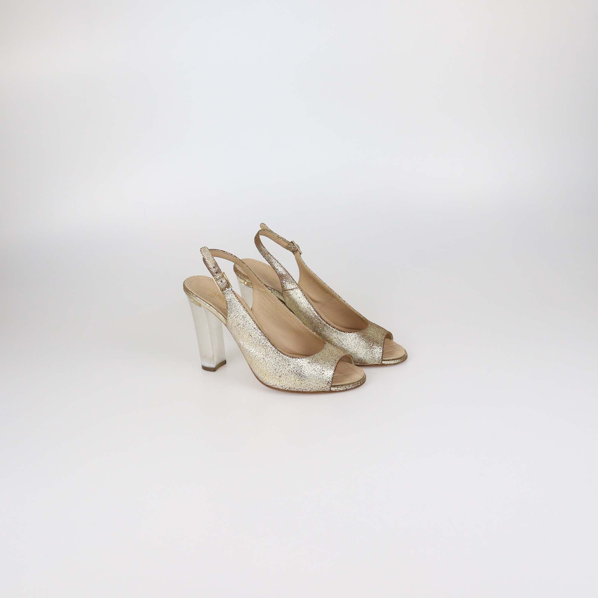 Chanel Gold Suede CC Transparent Heels Slingback Sandals