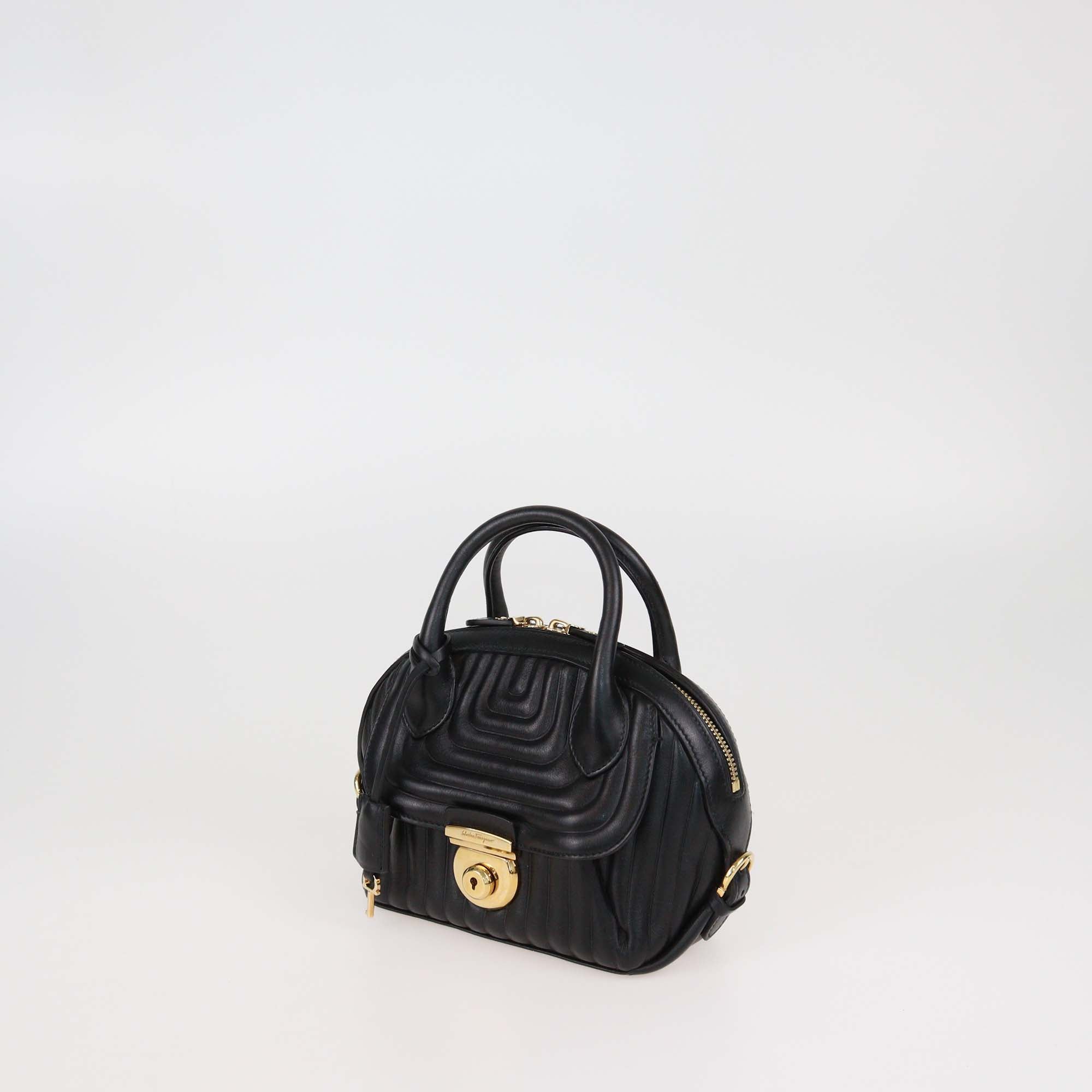 Salvatore Ferragamo Black Quilted Leather Small Fiamma Satchel