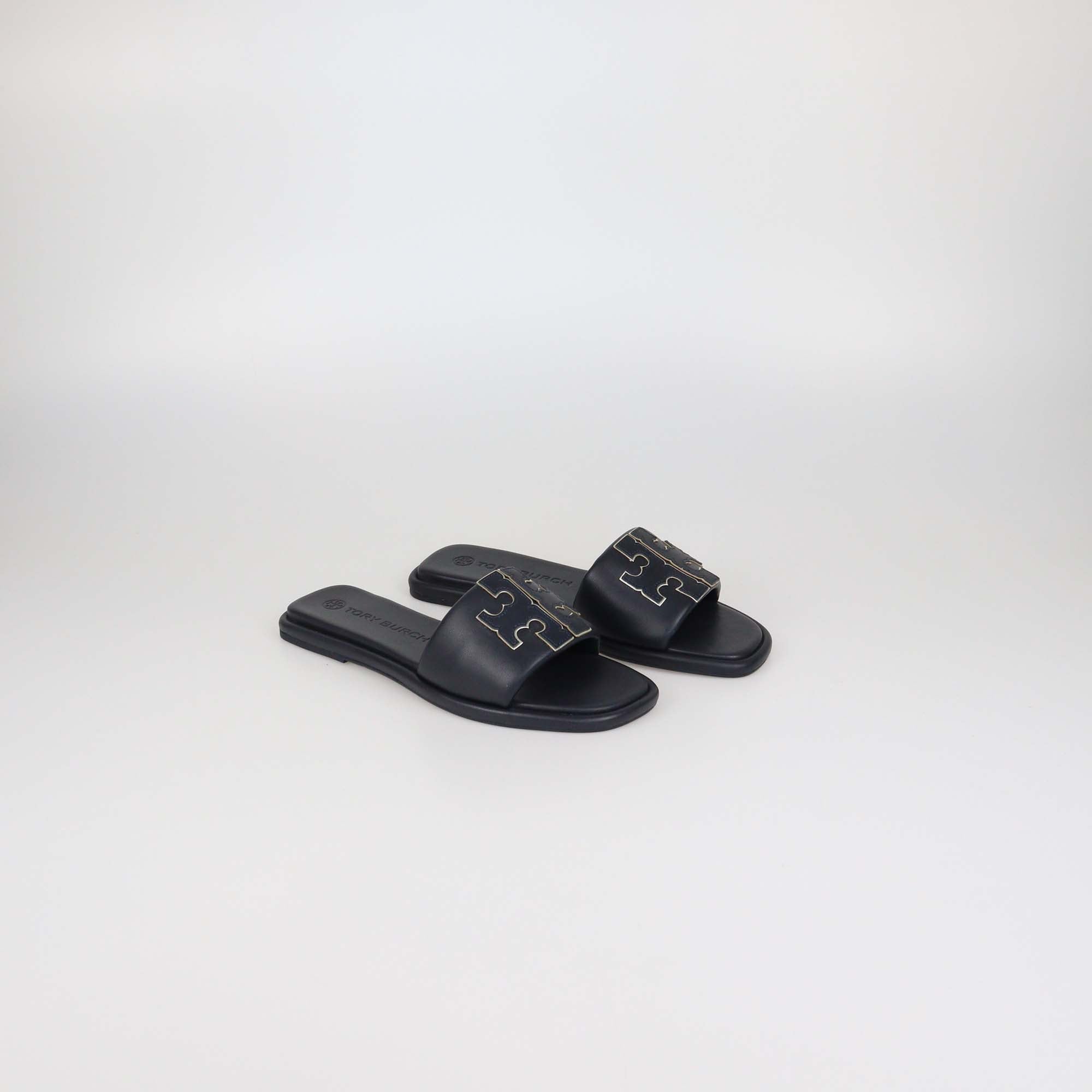 Tory Burch Black Leather Double T Flat Slides